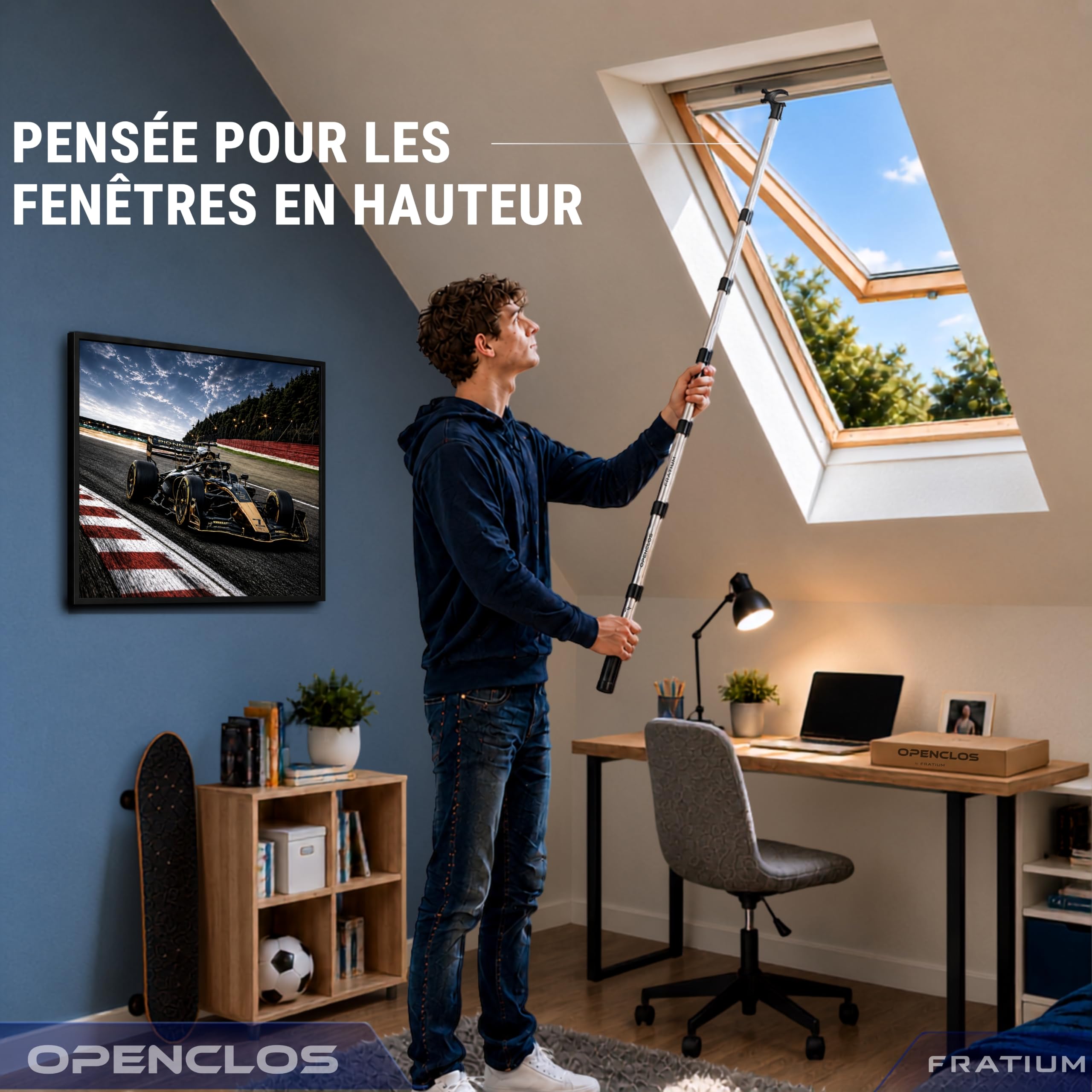 OPENCLOS Perche Canne Barre pour Fenêtre de Toit, Store Occultant, Moustiquaire, Compatible Velux GGL, GGU, GPU, GHL | Crochet Anti-Dérapant, 7 Sections Aluminium, 182 cm