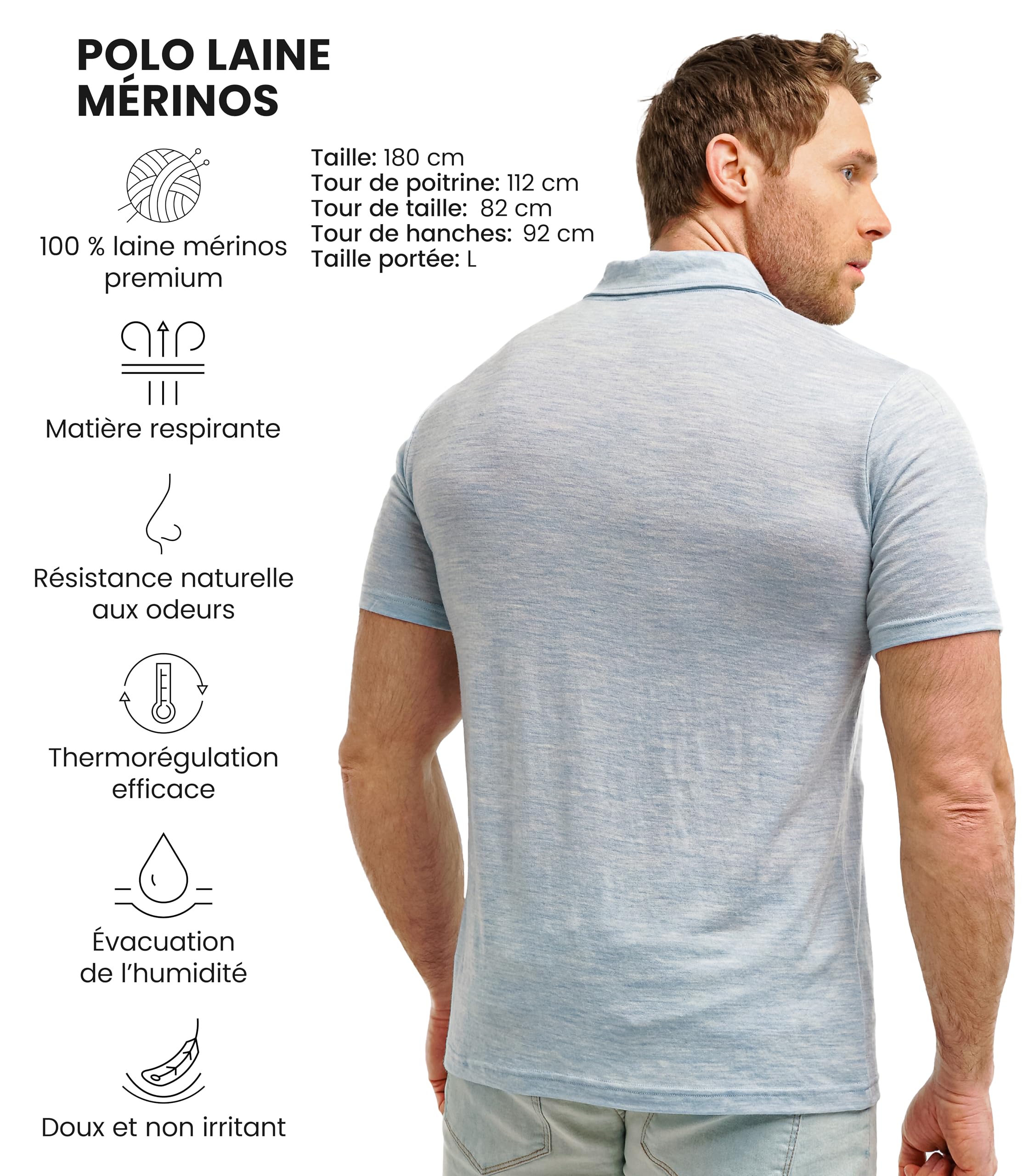 Merino.tech 100% Merinos Polo Homme - Polo Shirt Manches Courtes & Longues | Col Classique, Anti-Odeur, Régulation Thermique, Anti-Plis, Pour Le Bureau Et Les Loisirs, Lavable En Machine