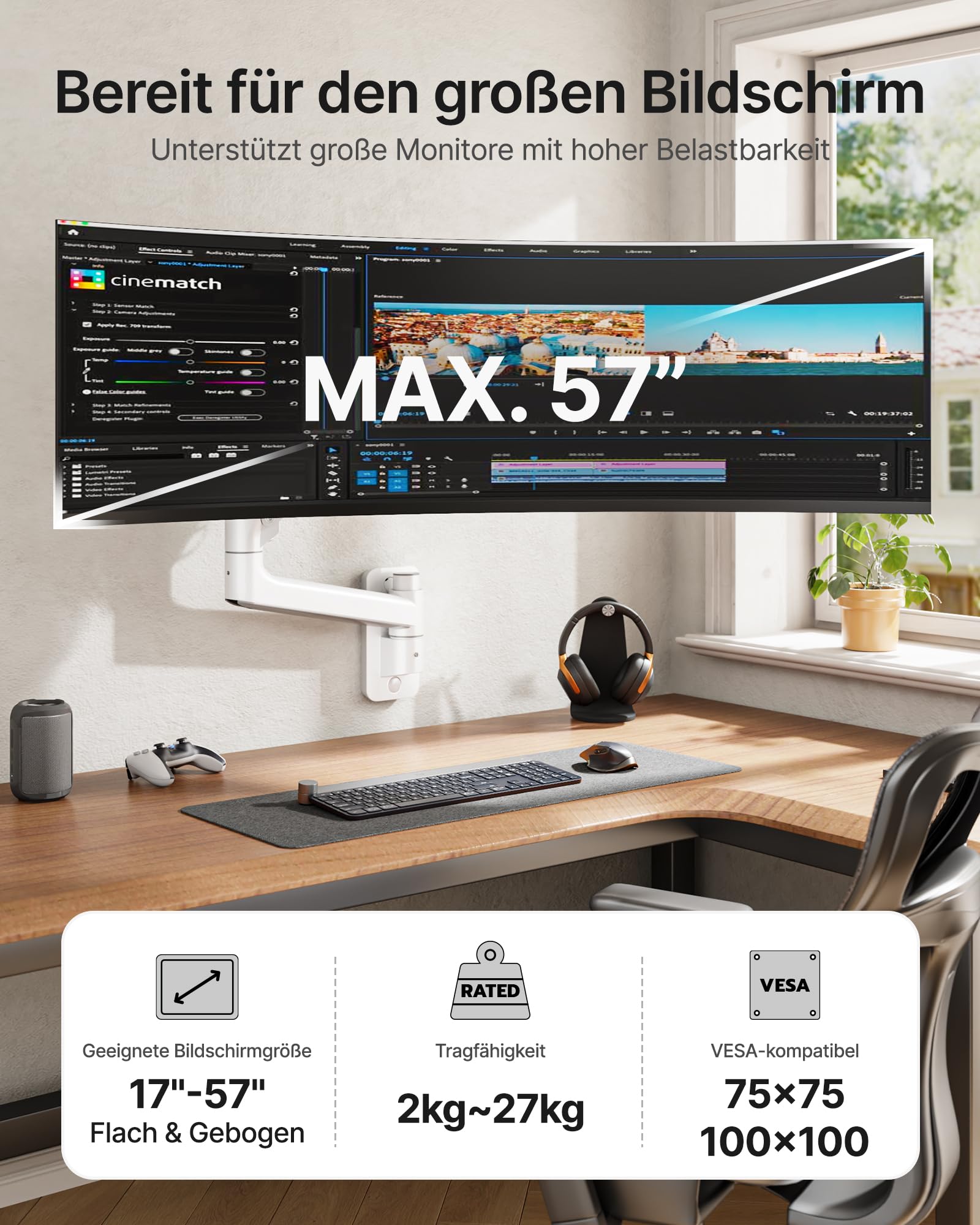 monTEK Supporto da parete per monitor da 17-57 pollici Ultrawide fino a 27 kg | Braccio per monitor con molla a gas, con piena mobilità e altezza regolabile, VESA 75 x 75/100 x 100, bianco