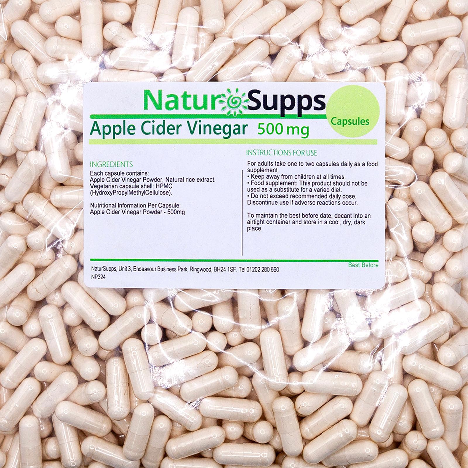 Natur Supps Apple Cider Vinegar Capsules 500mg - 365 Vegan Capsules - Premium Quality Supplement - Made in The UK