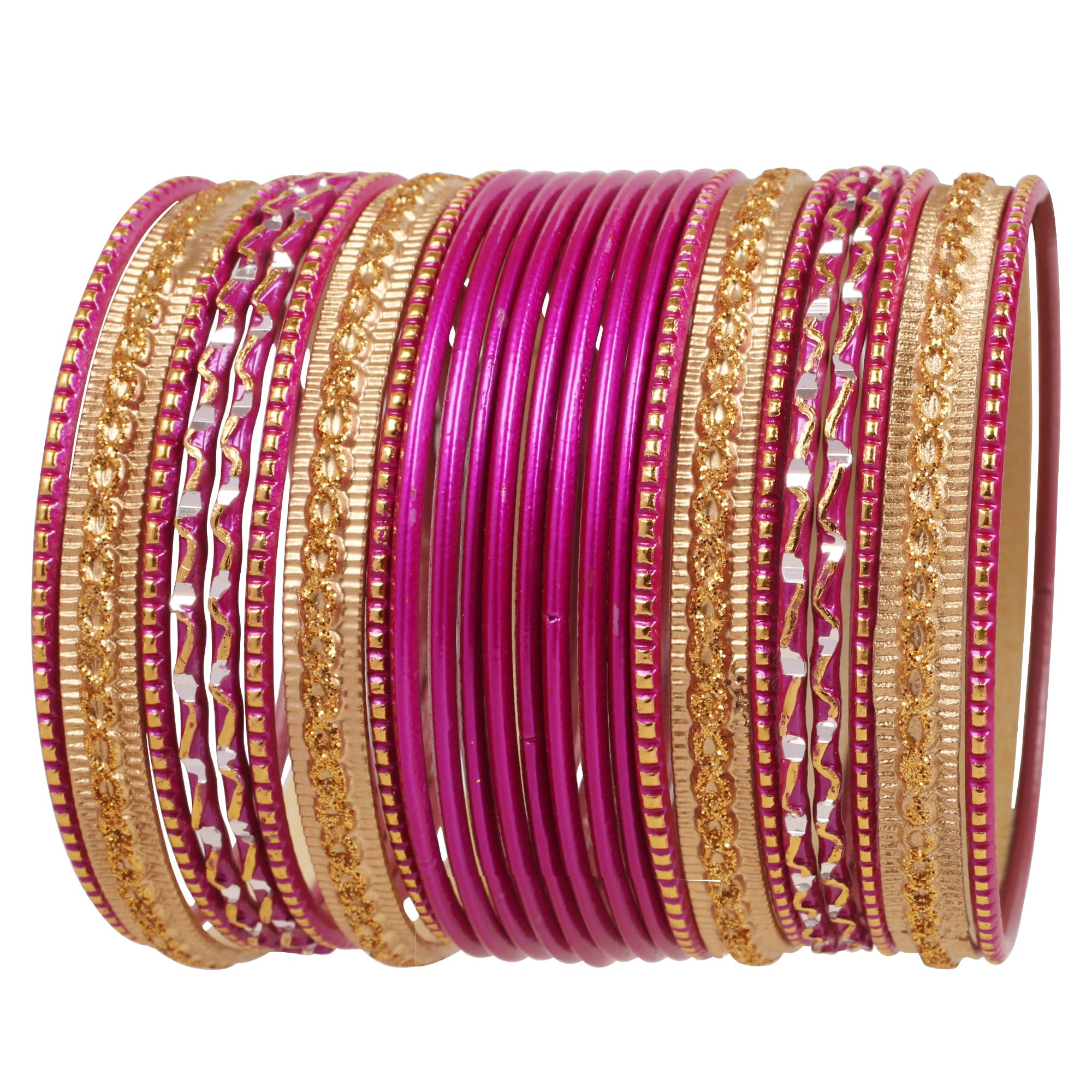 TouchstoneColorful 2 Dozen Bangle Collection Indian Bollywood Alloy Metal Textured Fuchsia Designer Jewelry Special Large Size Bangle Bracelets Set of 24 in Antique Gold Tone for Women