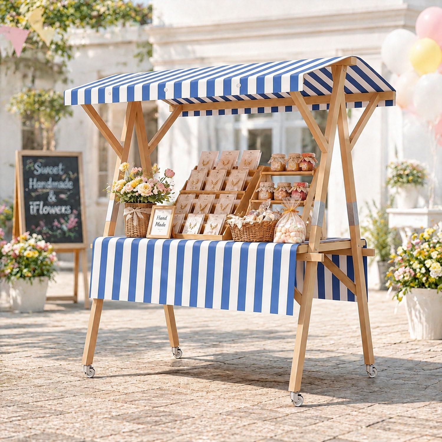 COAKUE Portable Foldable Wooden Farmers Market Stand on Wheels with Awning, Outdoor Vendor Cart Roadside Farm Stand for Roadside Vending, Markets & Craft Fairs BlueB-150cm/59in
