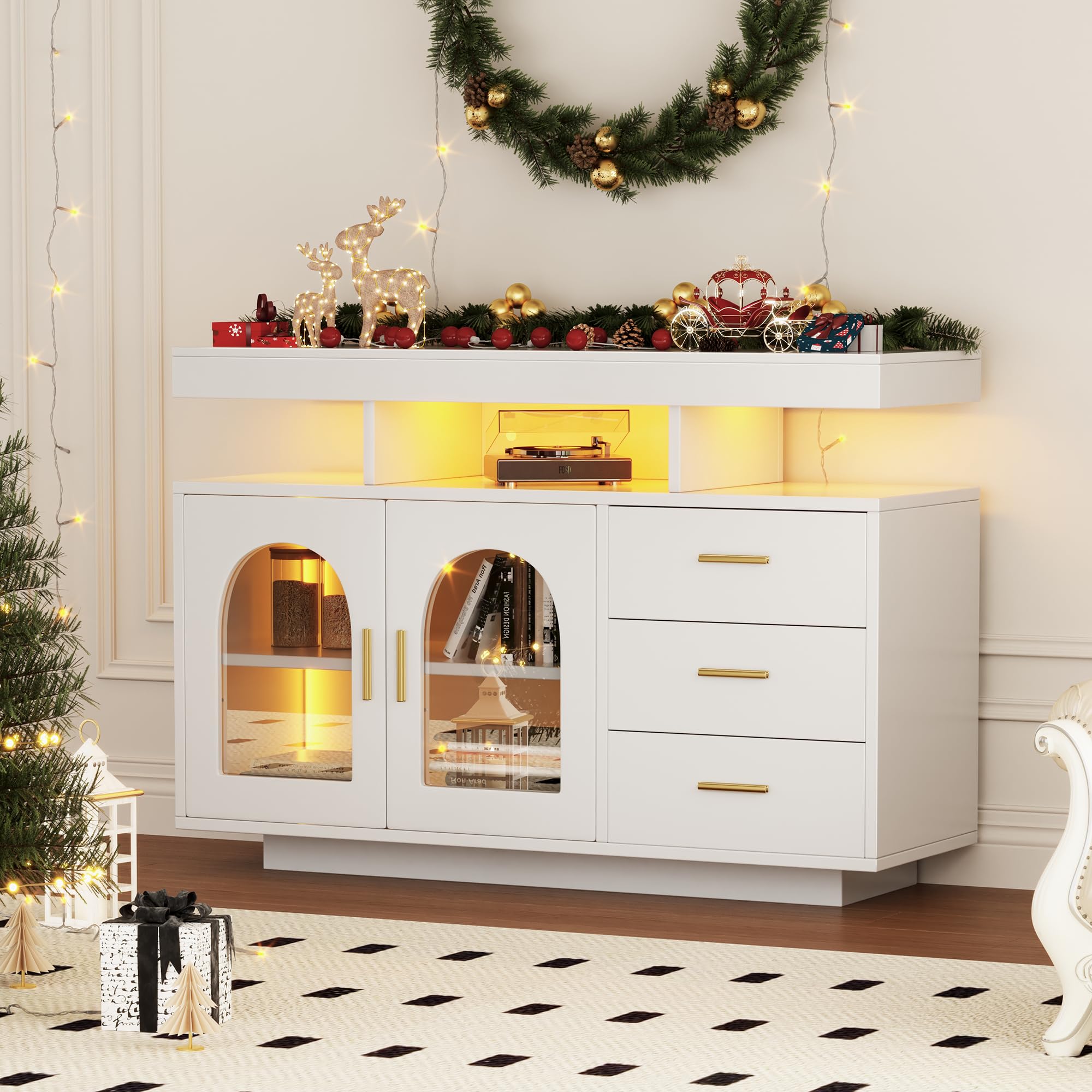 Credenza Cucina KIMENICH Con Luci LED - Mobile Buffet Con Cassetti E Ripiani Regolabili, Nero 70x40x135 Cm - Foto 7