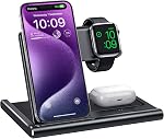 EXW Support de chargeur sans fil 3 en 1,Station de recharge pour appareils Apple, chargeur sans fil rapide pour iPhone 17 16 15 14 13 12 11 Series, AirPods Pro4/3/2, Pommes Watch10/9/8/7/6/SE/5/4/3/2 (Noir)