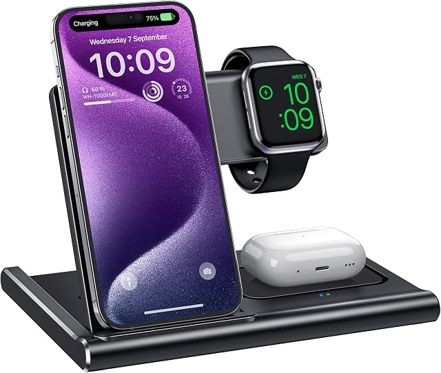 EXW Support de chargeur sans fil 3 en 1,Station de recharge pour appareils Apple, chargeur sans fil rapide pour iPhone 17 16 15 14 13 12 11 Series, AirPods Pro4/3/2, Pommes Watch10/9/8/7/6/SE/5/4/3/2 (Noir)