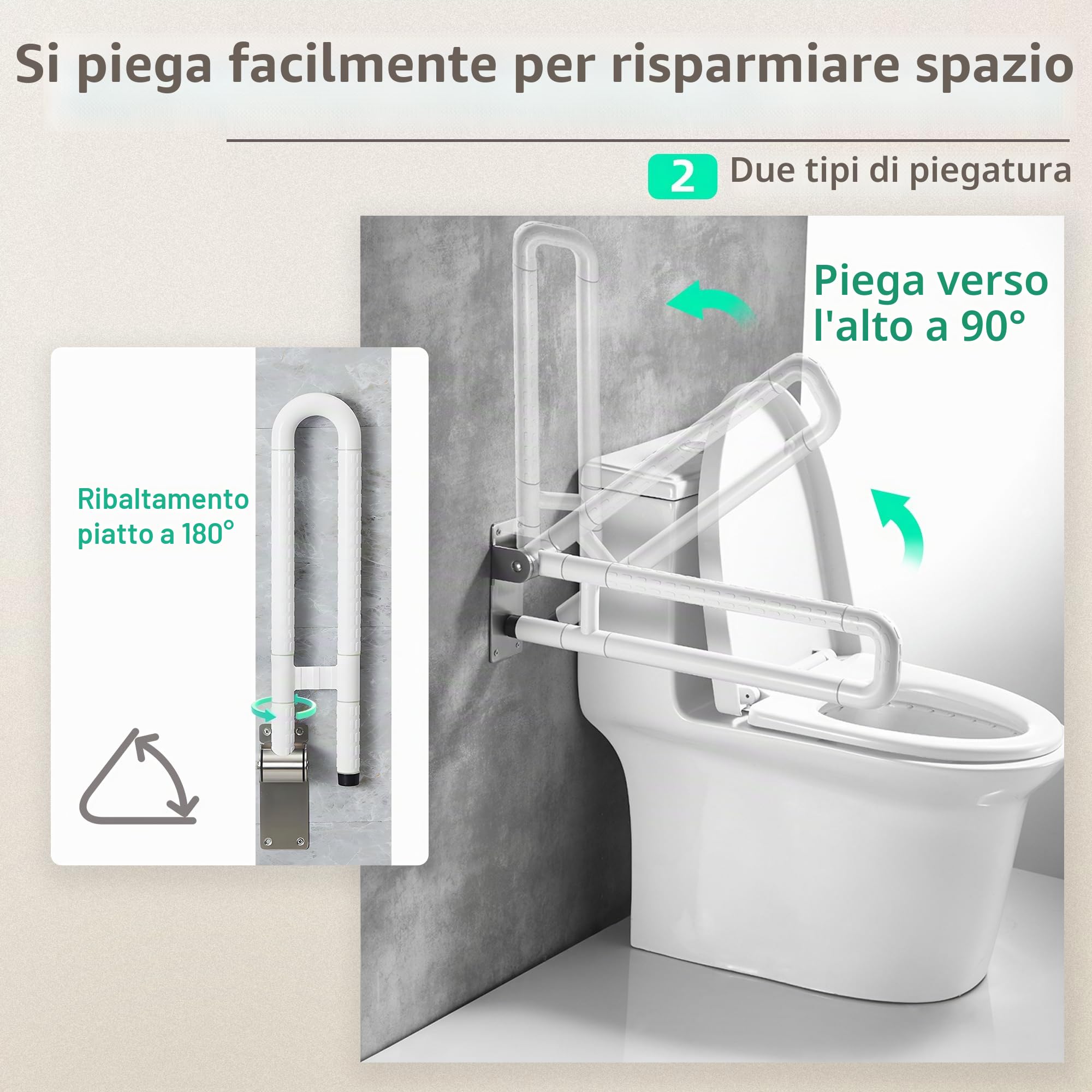 ITSOGOO Maniglione Bagno Disabili 70cm,Maniglia Doccia Anziani,WC stand-up,Maniglione per Doccia,Supporto Pieghevole Disabili,Acciaio Inossidabile,Supporta 250 kg,Bianco