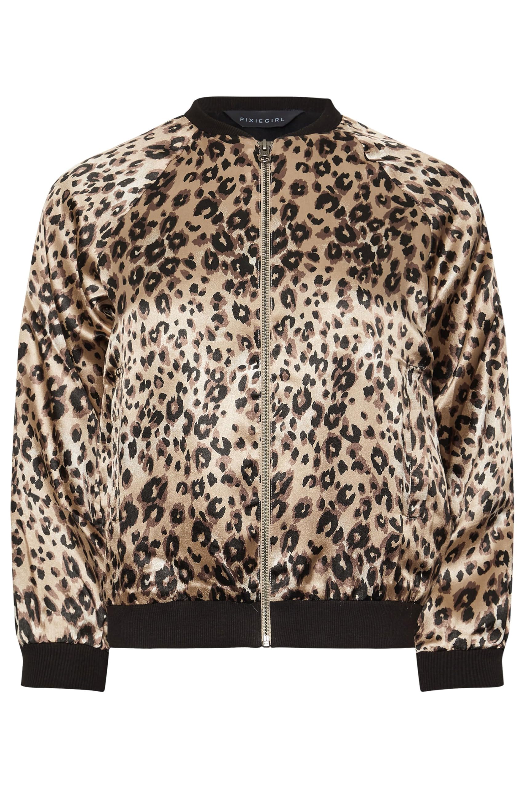 PixieGirl Stone Brown Leopard Print Satin Bomber Jacket Petite
