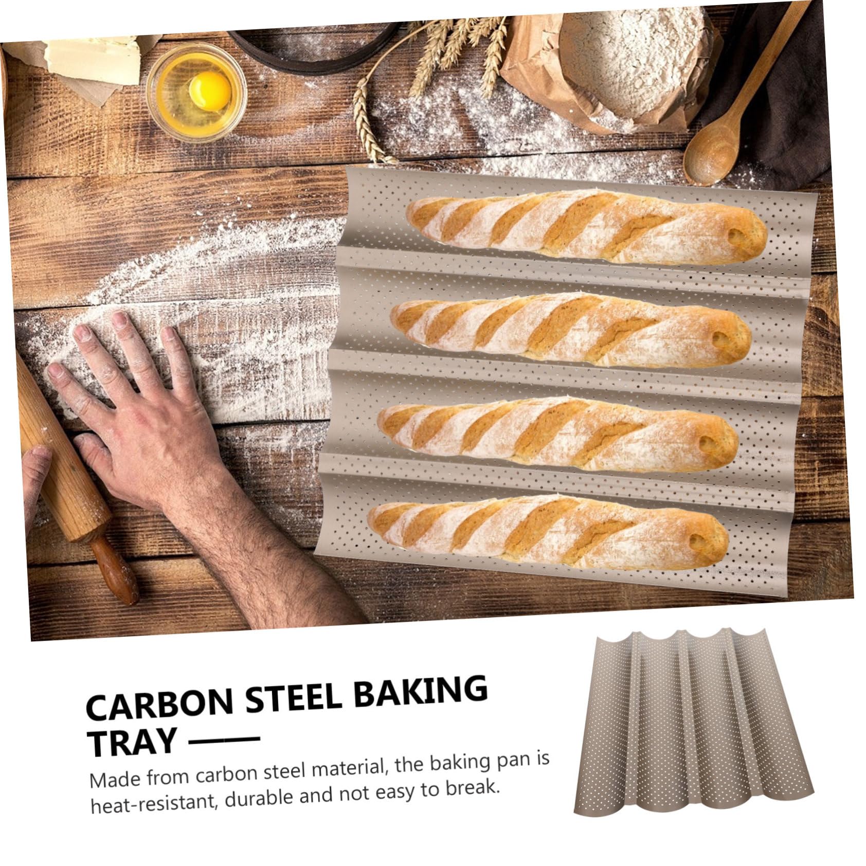 Molde Para Hornear Pan Francés 4 Ranuras Ondulado Acero Carbono Resistente Al Calor Para Uso Diario y Hornear Pan Baguette Horno, Utensilio Práctico Para Panadería Casera