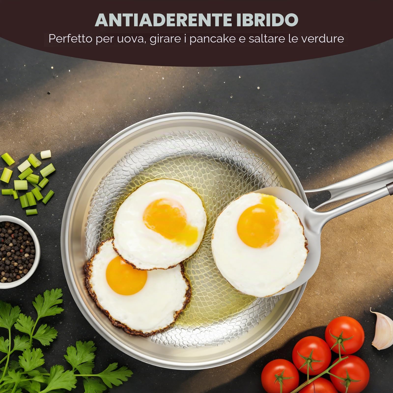Padella in titanio generica con spatola, antiaderente wok martellato in titanio per cucinare, utensili da cucina versatili per friggere, cuocere, bistecca, ristorante (26 cm)