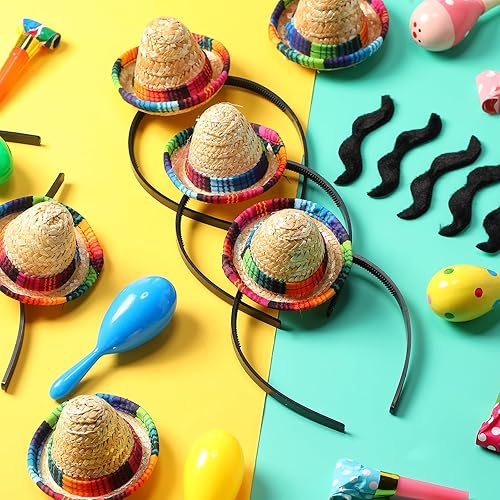 Vista 7 de Pasimy Juego de 12 sombreros de fiesta de mini sombrero, bigotes falsos, 6 diademas mexicanas con 6 bigotes para disfraz de Halloween