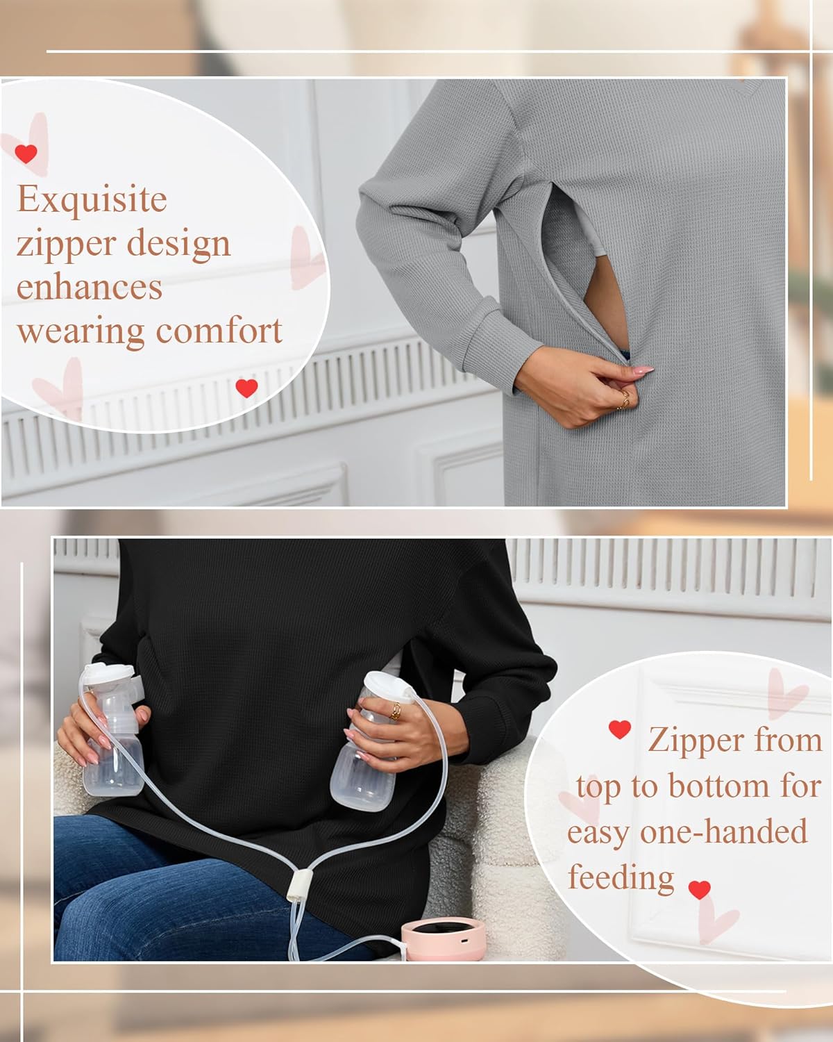 3 Pack Women's Oversized Nursing Tops, Waffle Knit Breastfeeding Zipper Sweatshirt Long Sleeve Maternity Shirts - Image 3