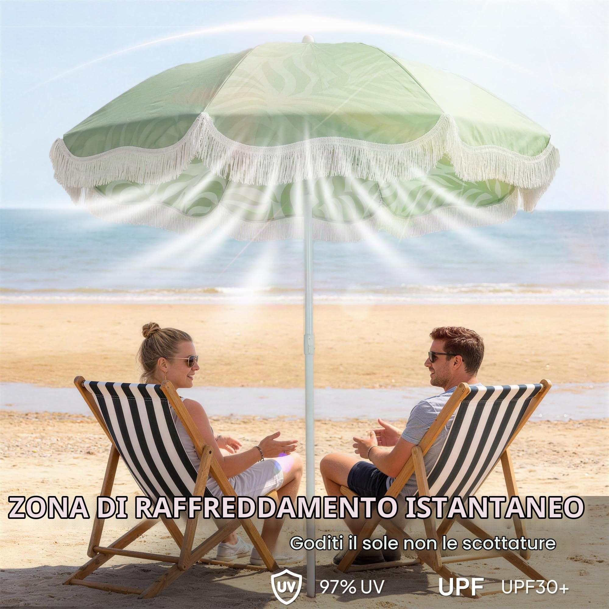 Outsunny 1.8 m Ombrellone spiaggia con ancora sabbia, portatile verde | Inclinazione 30°, Parasole frangiato, Ombra patio, Altezza regolabile, Borsa trasporto, Protezione UV, Motivo foglia