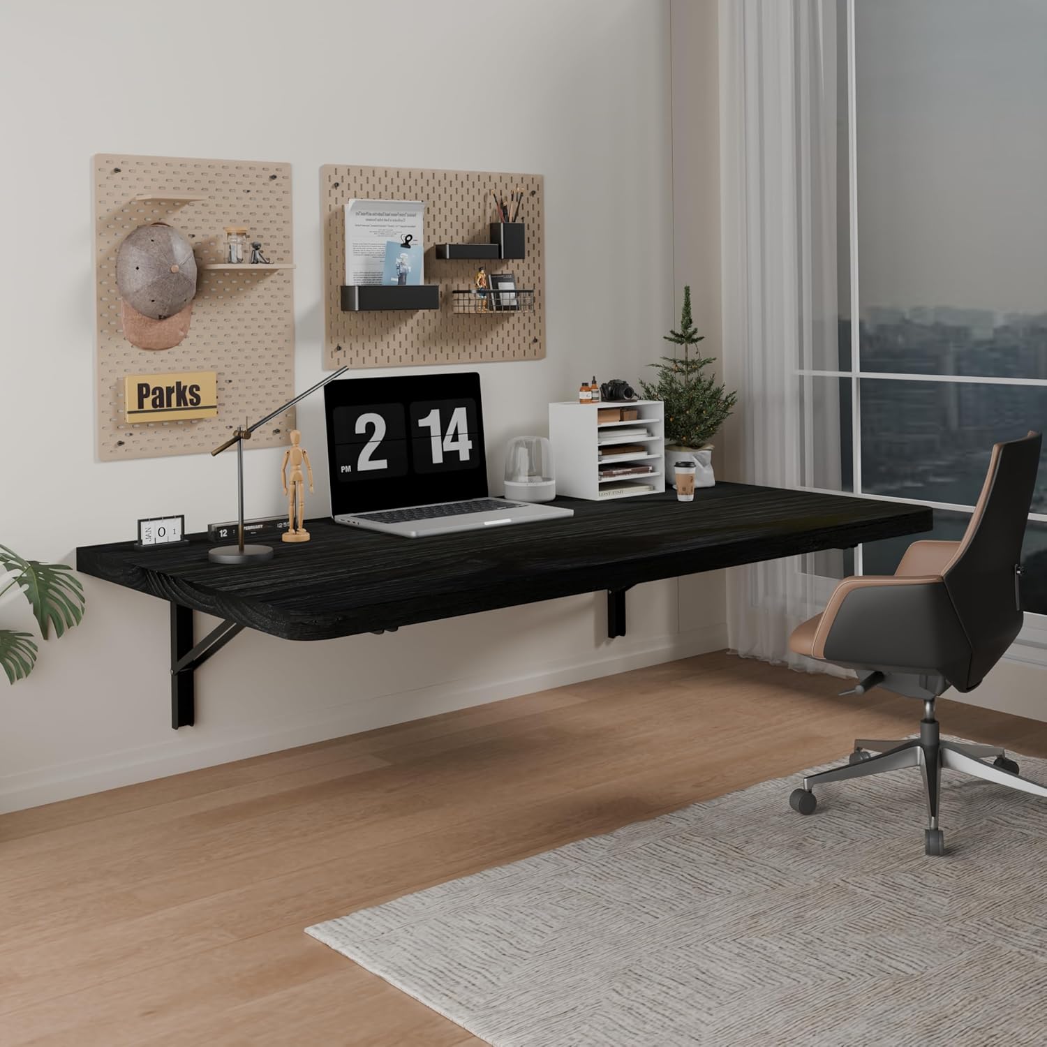 IAE Floating Wall Mounted Folding Table Desk with Pine Wood,36" x 22" Folding Workbench,Fold Down wall Mounted FoldableTable with Shelf Brackets,Laundry Folding Table for Apartment,Home,Kitchen,Black