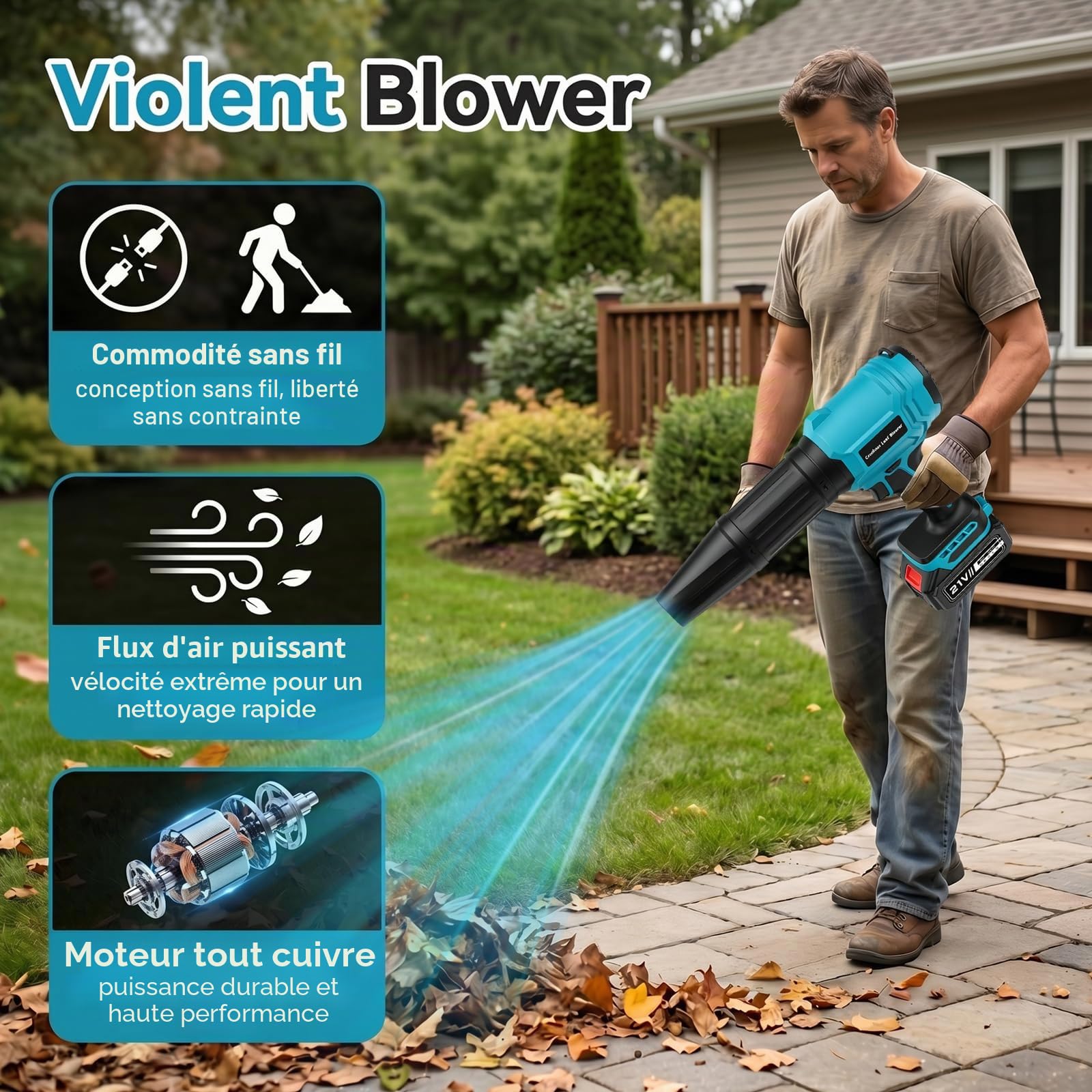 Souffleur Batterie avec 2 Batteries 4,0 Ah, 21V Souffleur de Feuilles sans Fil 65 m/s, Moteur Brushless 800,000 TR/Min, 2 Buses, Réglage Variable, pour Jardin, Terrasse, Voiture (Bleu)