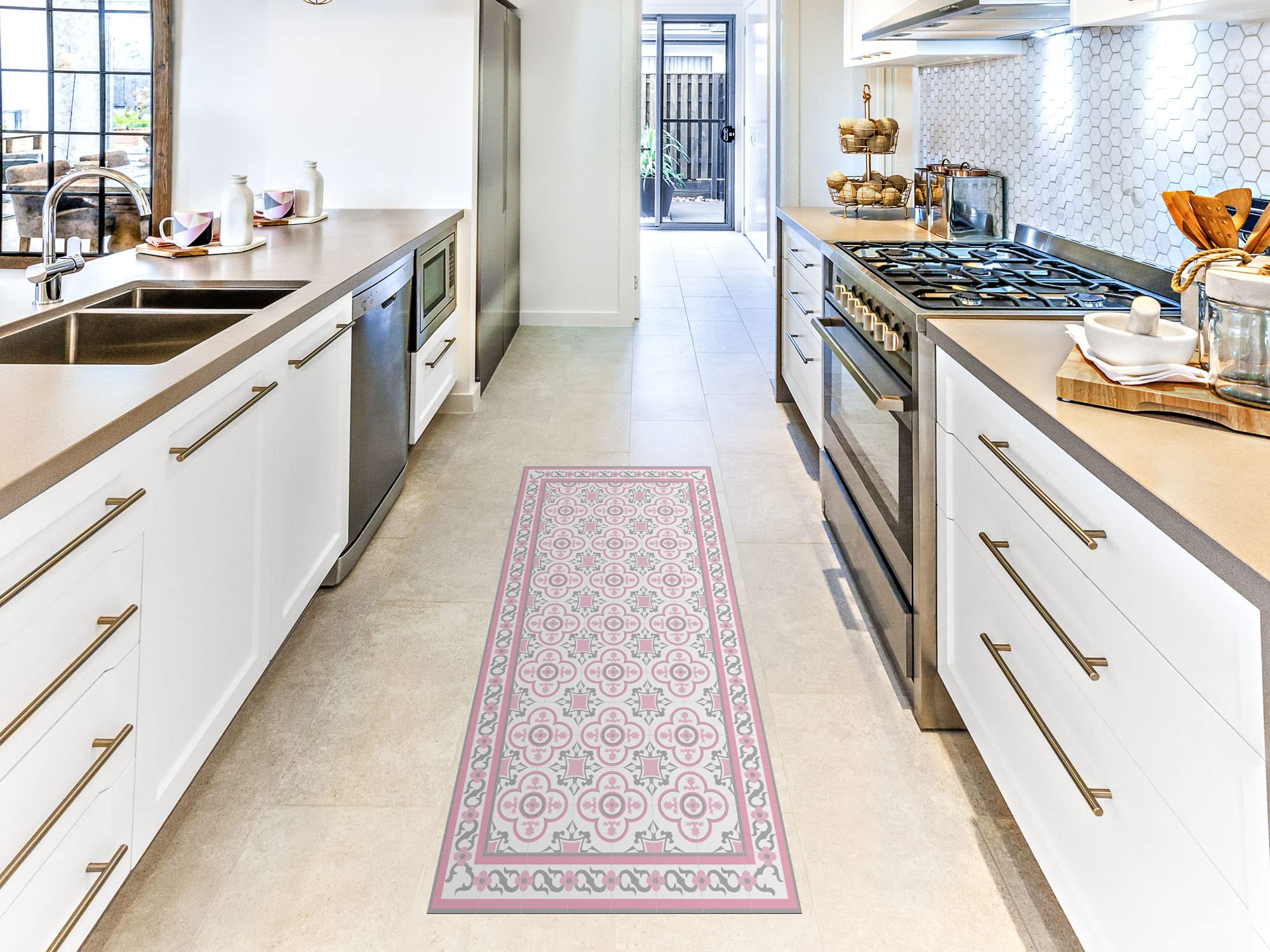 Oedim Tapis mosaïque vintage design rose, 95 x 95 cm, tapis de cuisine en vinyle, tapis de salon antidérapant, sol en vinyle