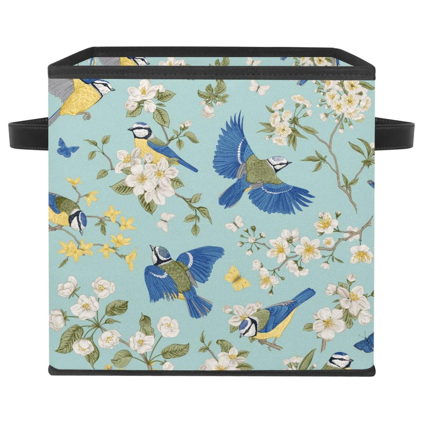 Boîte de rangement en tissu motif colibri bleu avec poignées de transport solides