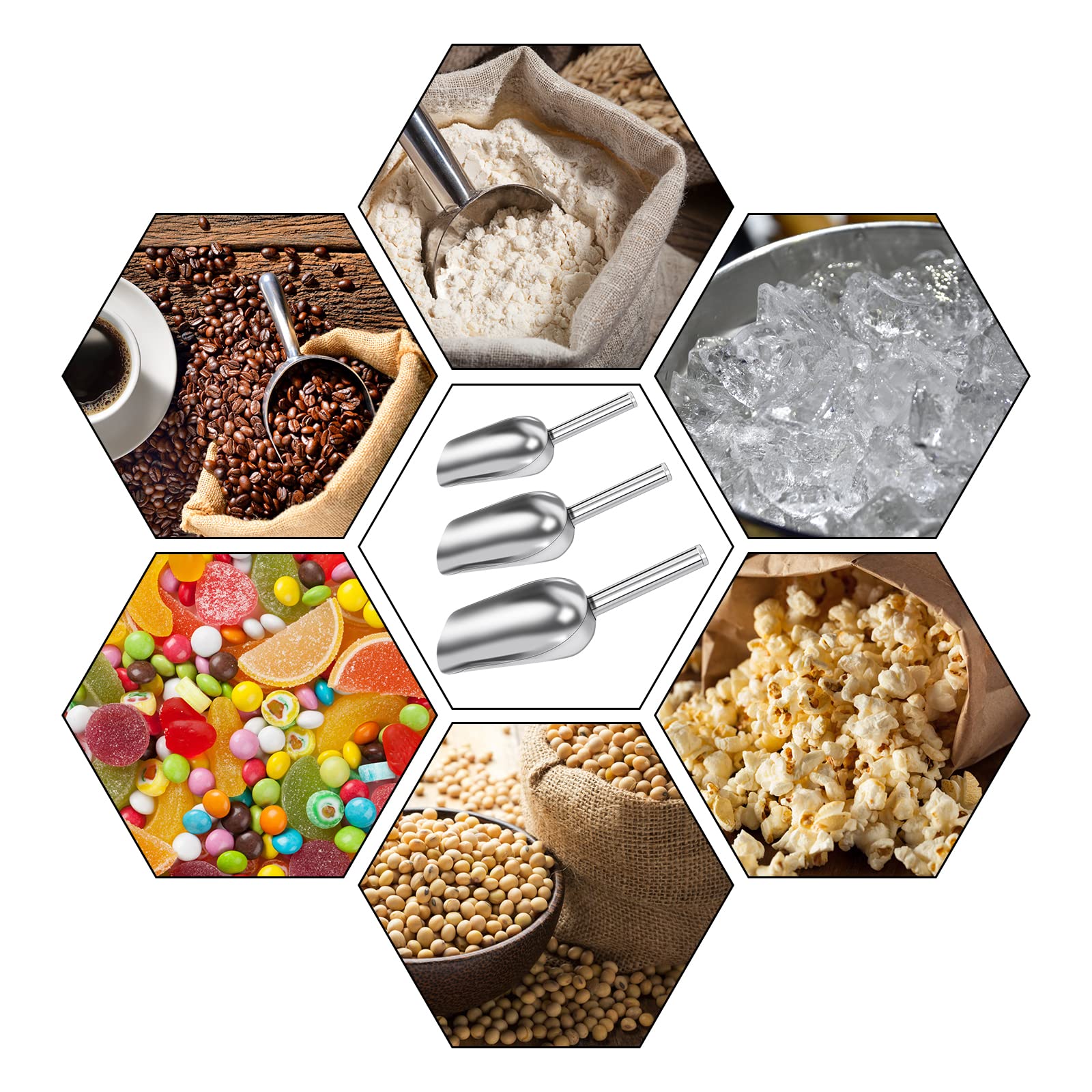 3 × Paletta per Ghiaccio in Acciaio Inox, Paletta Cibo Cucchiaini Multiuso, per per Cucine, Bar, Buffet, Cereali, Farina, Grano, Cibo per Gatti, Cibo per Cani