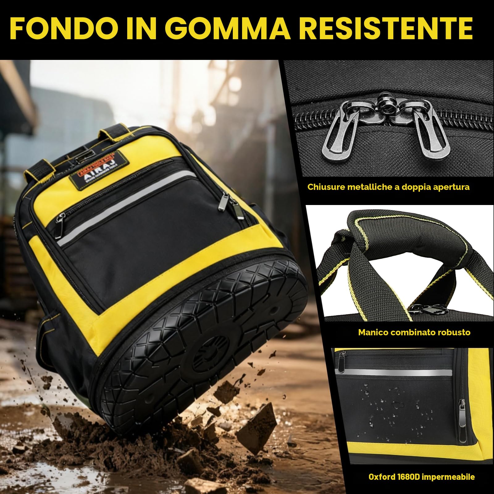 AIRAJ Zaino Porta Attrezzi Impermeabile, Portautensili con Base in Gomma, Robusto Organizer Per Elettricisti, Idraulici, Utensili Per Manutentori.