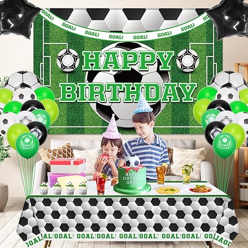 Miniatura 7 de Juego de guirnalda de globos y telón de fondo con temática de fútbol, accesorios para fotos de fiesta temática de fútbol, manteles de plástico, 80