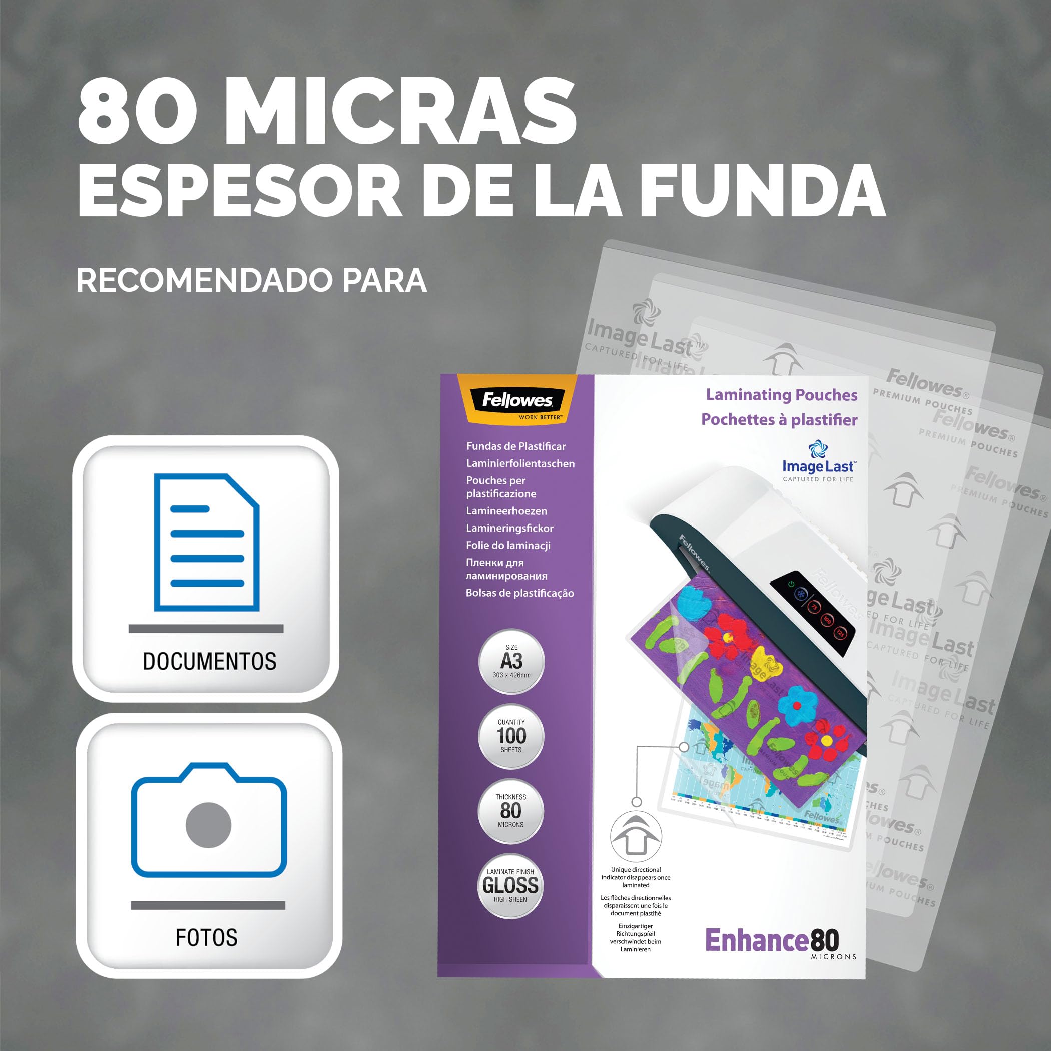 Fellowes pack de 100 fundas para plastificar A3, brillo, formato A3, 80 micras, acabado con flechas direccionales ImageLast, fundas para plastificadora ideales para fotos y avisos.