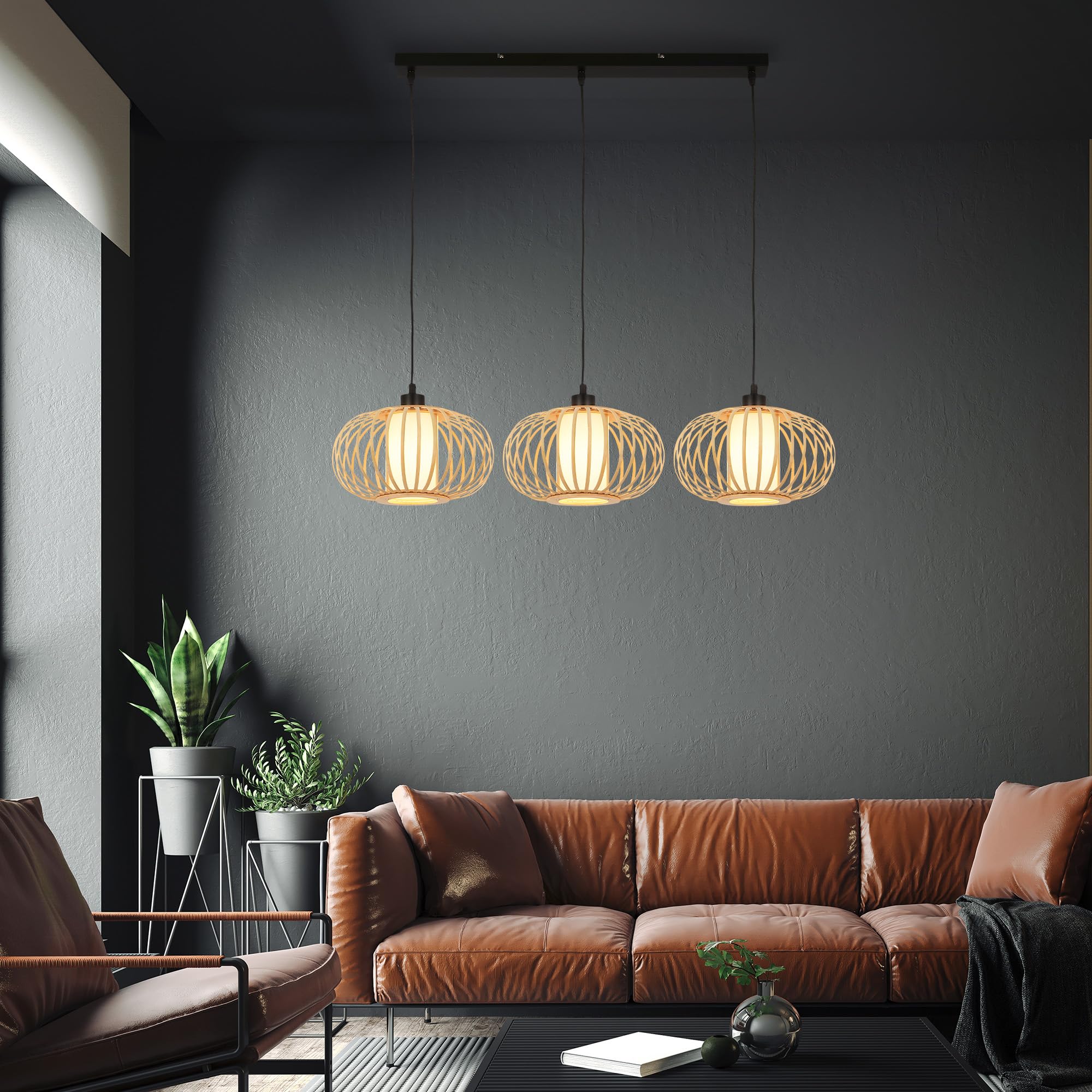 BRILONER - Lámpara Colgante de Bambú, Lámpara de Techo para el Salón, de Madera, Estilo Boho, Casquillo E27, 70x28x120 cm (LxAnxAl)