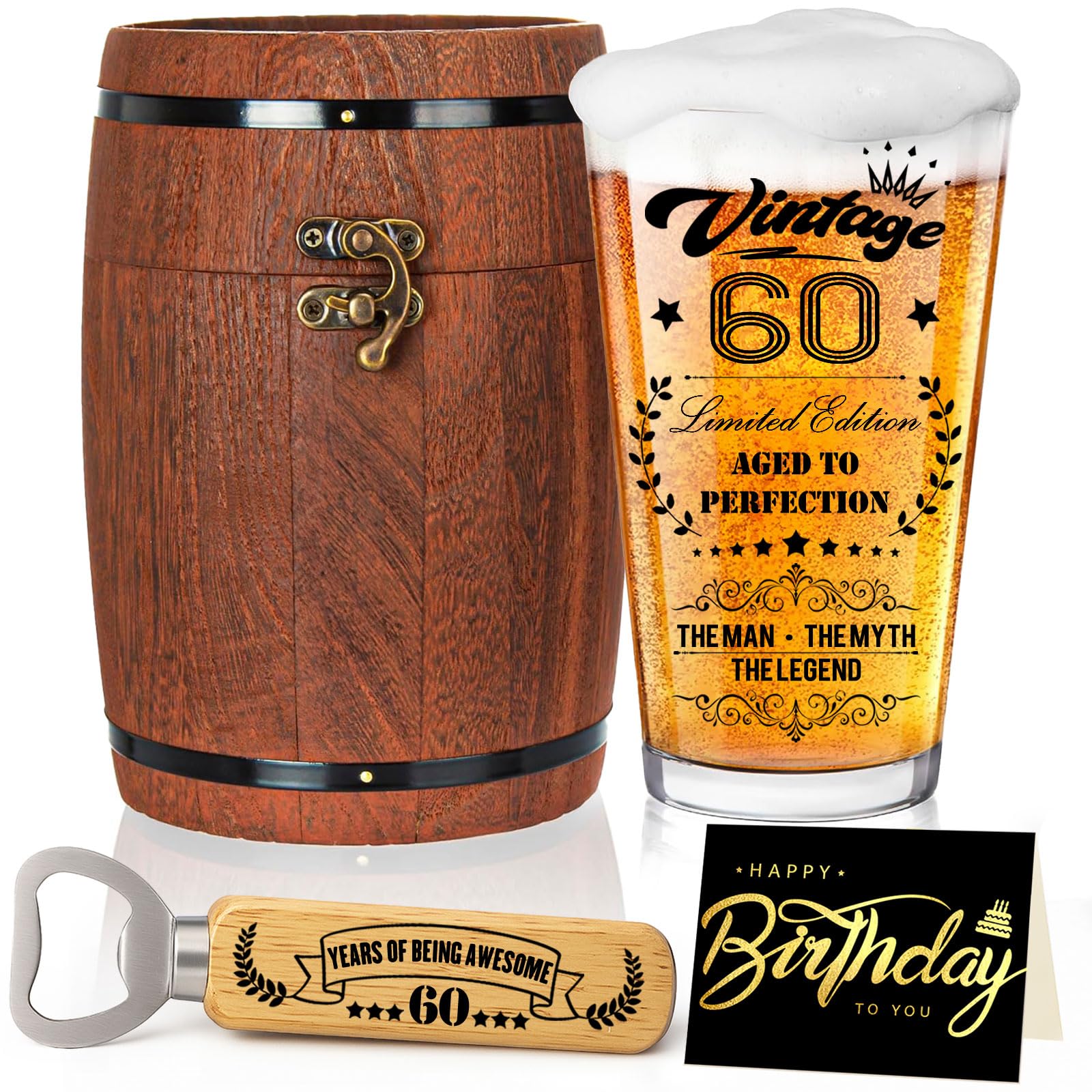 Geschenke zum 60. Geschenke für Männer, Personalisierte Bierglas mit Gravur, 1966-Bierglas in Fassbox 470ml, Deko 60 Geburtstag mit Geburtstagskarte, Flaschenöffner, Valentinstag Geschenkideen