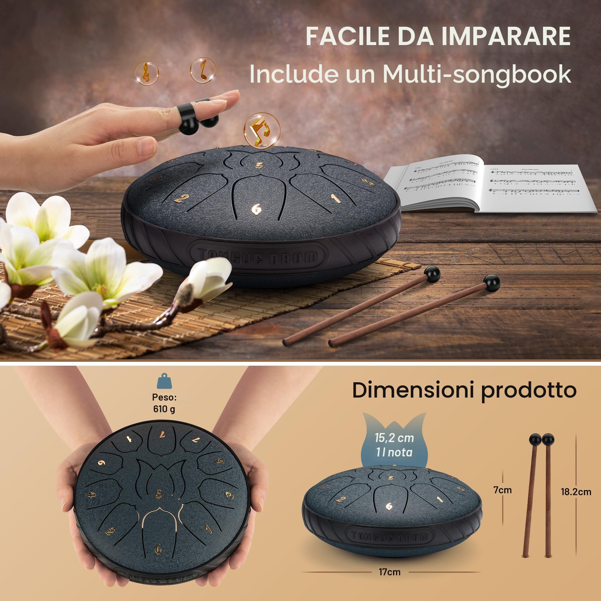 CAHAYA Tamburo a Lingua d'Acciaio 6 Pollici: Steel Tongue Drum a 11 Note Handpan Steel Pan con Bacchette e Borsa per Trasporto Strumento a Percussione per Meditazione Yoga Zen Regali CY00373-1
