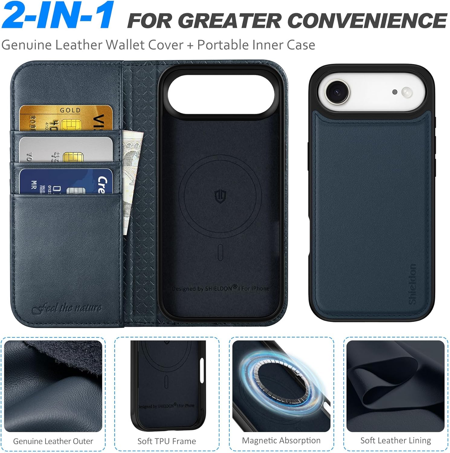 SHIELDON Genuine Leather Detachable Case Wallet for iPhone Air 6.5" 2025 | 2-in-1 | Wireless Charging | Flip Magnetic Closure | RFID Blocking Card Slot | Shock-Absorbing Cover | Navy Blue - Image 5