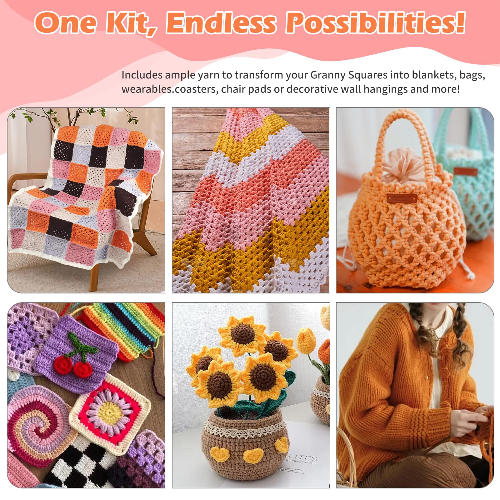 Zestaw szydełek dla początkujących, Granny Square koc do szydełkowania, zestaw startowy z szydełkami 2,5 mm, 4,0 mm, 5 włóczek do szydełkowania, akcesoria, zestaw do szydełkowania z instrukcją krok po