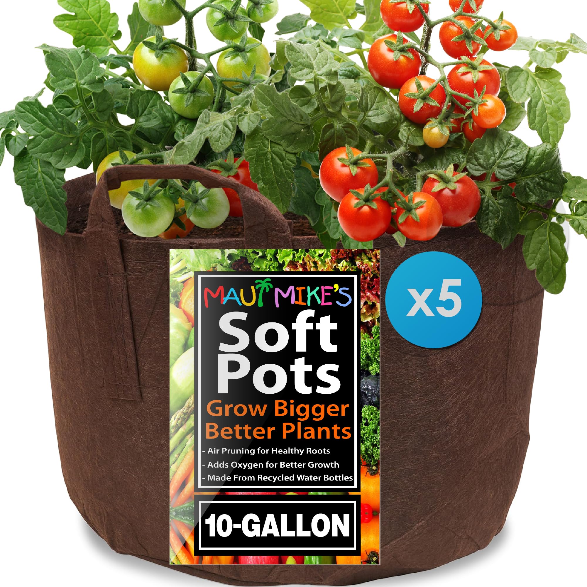 MAUI MIKE'S Soft Pot (10 Gallon) (5 Pack) Best Fabric Aeration Garden Pots and Grow Bags from Sewn Handles for Easy Moving.Made from Recycled Water Bottles.
