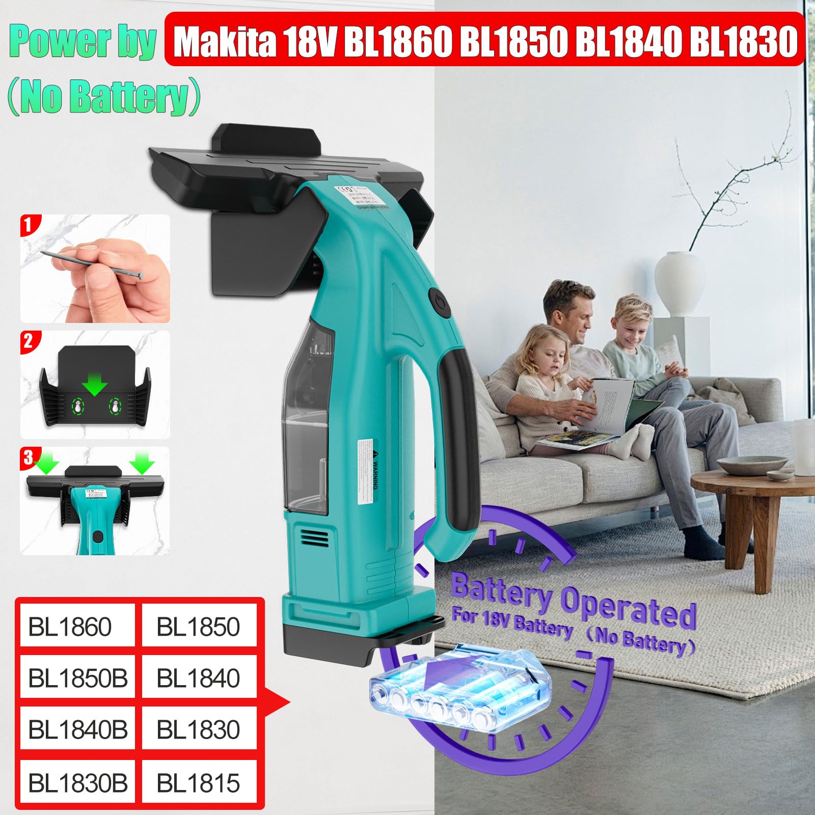 Nettoyeur de fenêtre sans fil compatible avec Makita 18 V, nettoyeur de vitres avec réservoir d'eau amovible, vaporisateur, nettoyage sans traces de surfaces lisses, fenêtres, miroirs, parois de