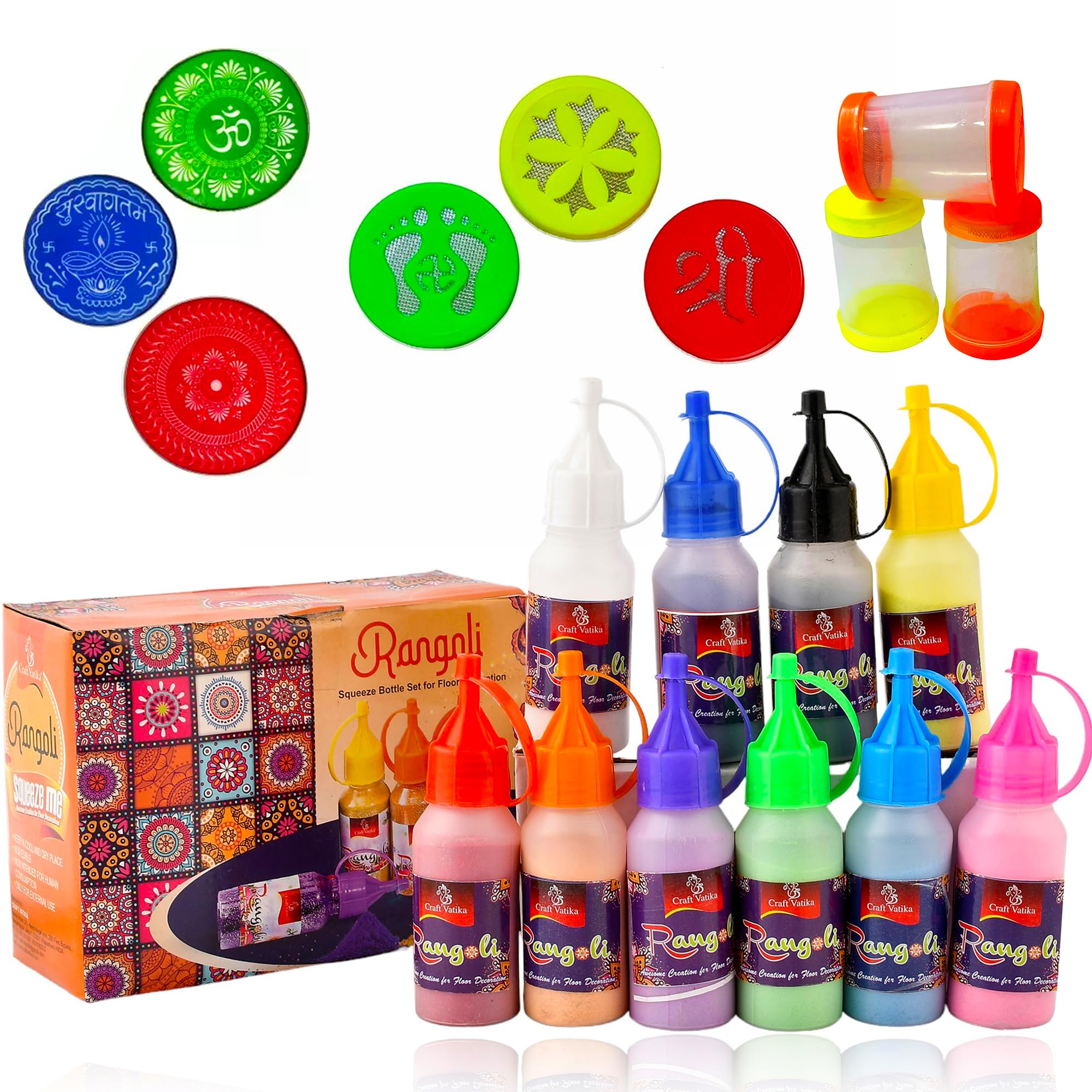 CraftVatika Rangoli Making Tools Kit - Set of 10 Rangoli Powder Bottles Tubes with Nozzles, 3 Stencils, 3 Fillers, 3 Stamp, Diwali Decoration Items for Home (B09HBGFHJ2) Amazon Price History, Amazon Price Tracker