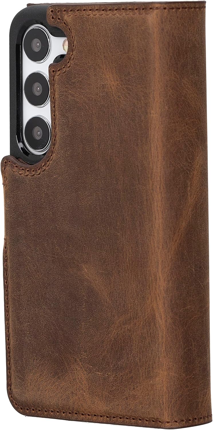 Bayelon Leather Case for Samsung Galaxy S23, Full Grain Leather Detachable Wallet Case, Magnetic Flip Cover with Card Slots, Horizontal Viewing Kickstand, Durable Frame (Dark Brown)