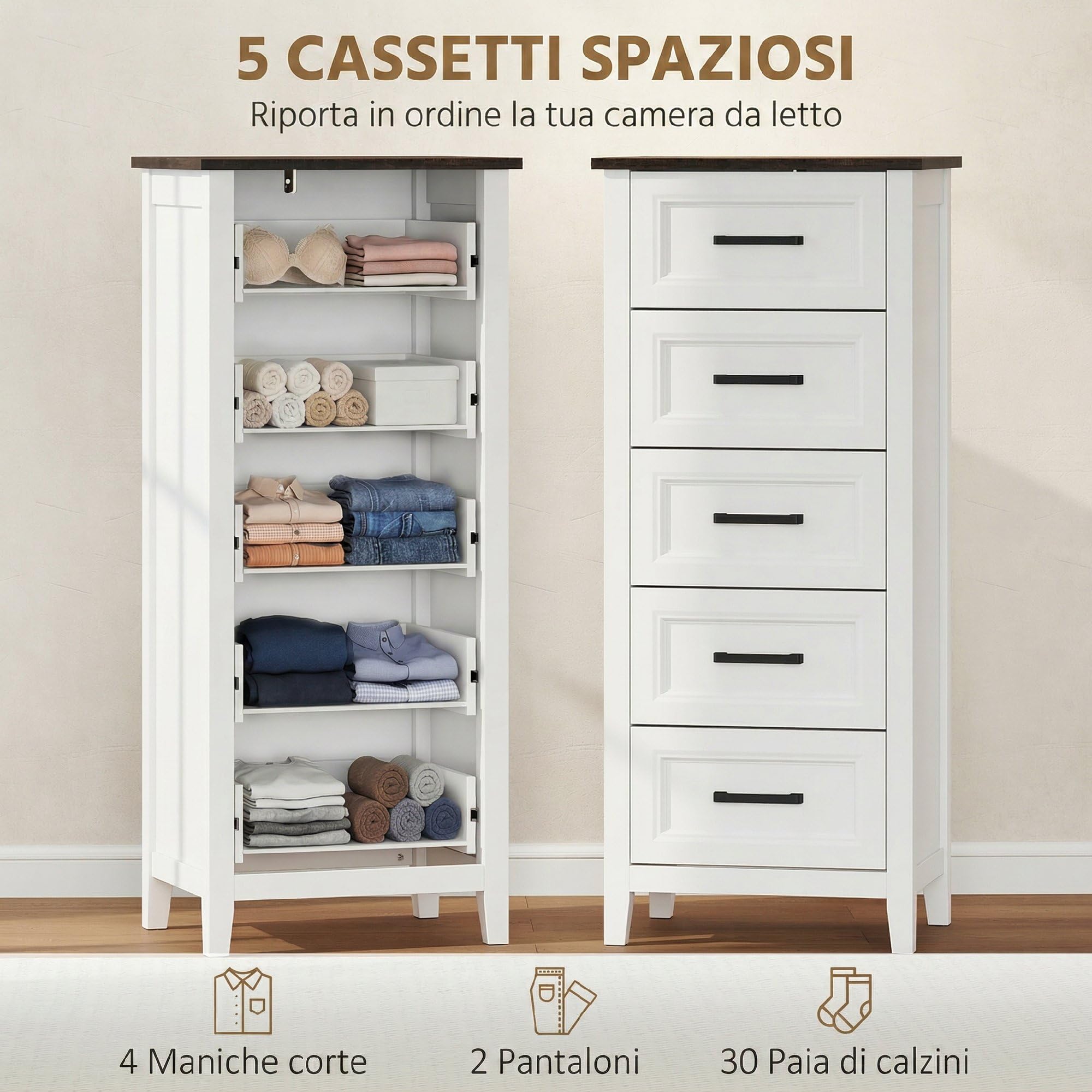 HOMCOM Cassettiera Camera da Letto Stretta Alta con 5 Cassetti, Comò Camera da Letto con Piano Effetto Legno, Cassettiera Salvaspazio per Soggiorno Corridoio Ingresso, 45x35x106 cm, Bianco