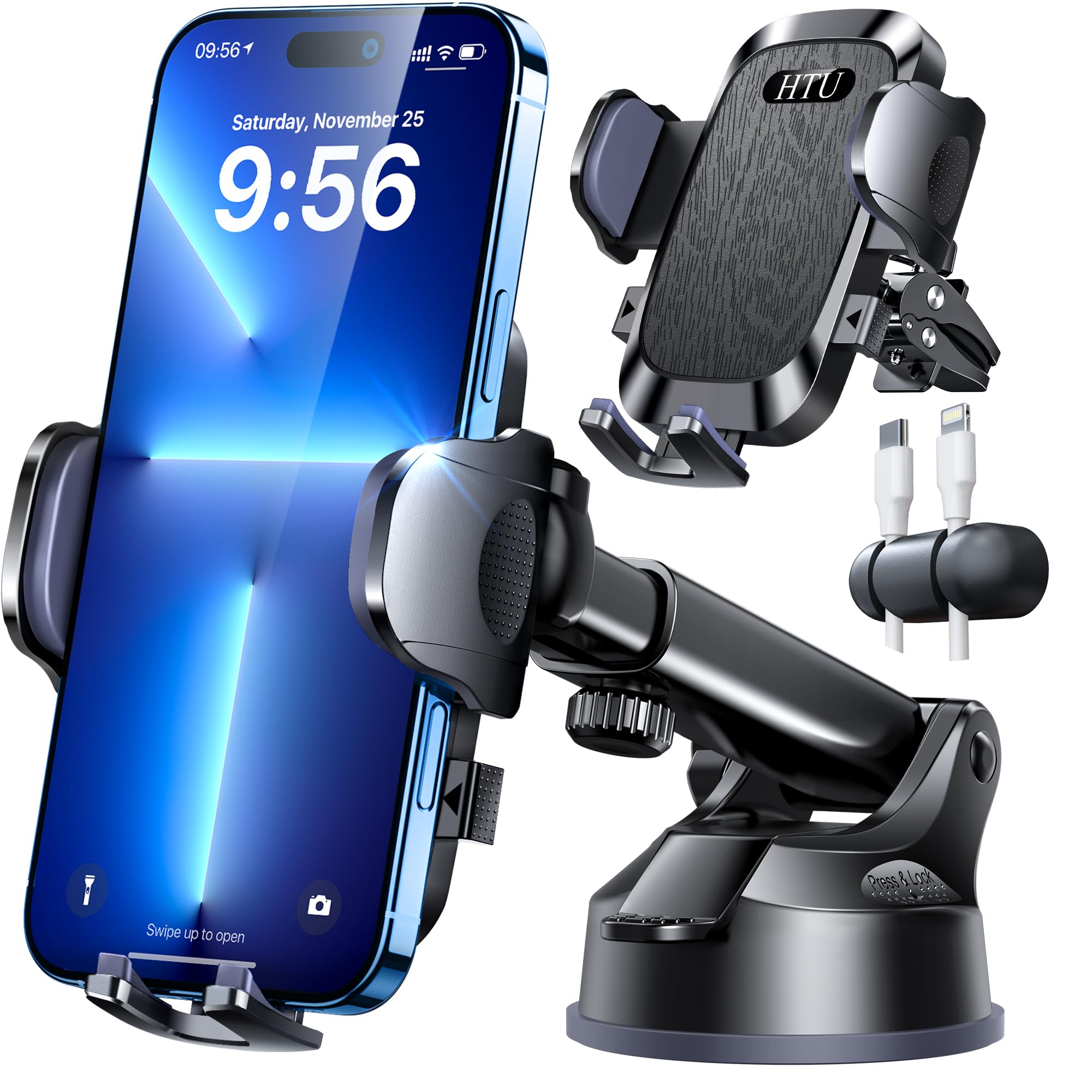HTU Soporte universal manos libres para teléfono móvil para coche, parabrisas, rejillas de ventilación, soporte para iPhone, Samsung, todos los teléfonos y coches