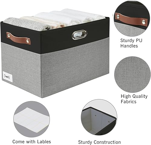 Miniatura 3 de Contenedores grandes de almacenamiento de tela plegables con 3 asas, cestas organizadoras plegables para armario, estantes, sala de estar, paquete