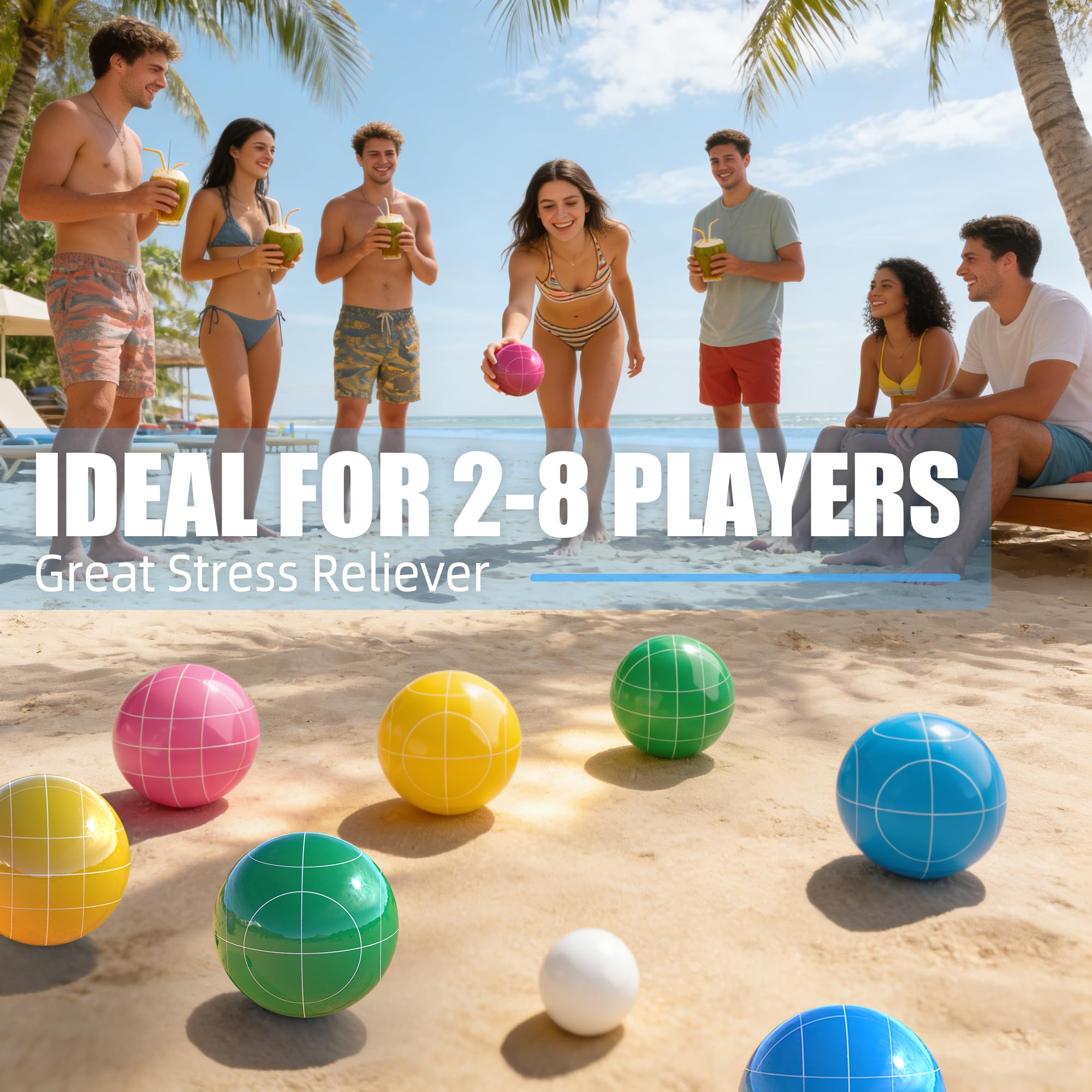 Bocci-Set für Hinterhof, Rasen, Strand, Outdoor-Spiele, komplett mit 8 Bocci-Bällen aus massivem Harz, Pallino, Messseil und Tragetasche, mehrfarbig für 2–8 Spieler (100 mm)
