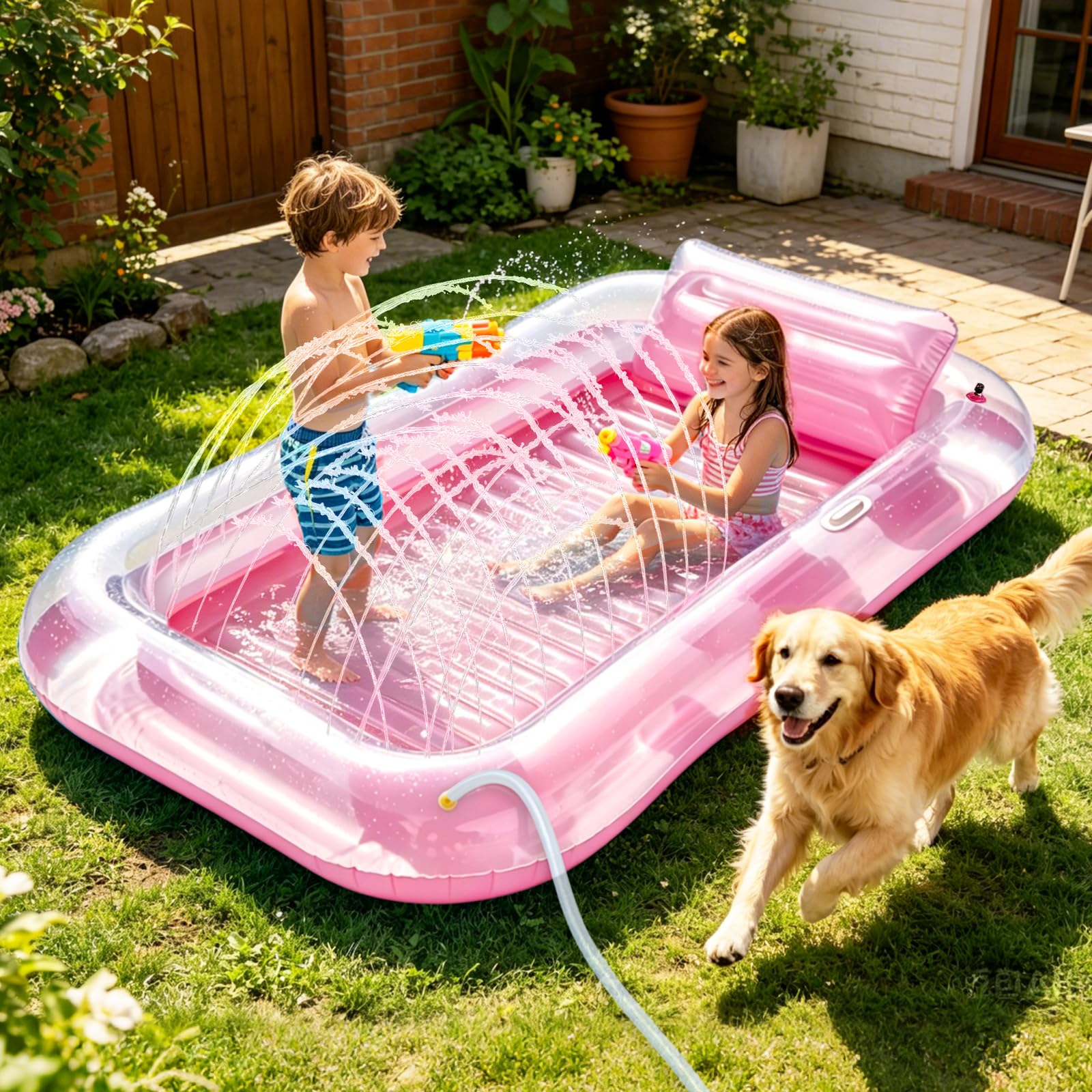 Aufblasbare Tanning Pool, Aufblasbarer Luftmatratze Pool Erwachsene, Aufblasbares Sonnenpool mit Kissen, Luftmatratze Wasser mit Eingebautem Sprinkler für Erwachsene Badebett & Wasserparty