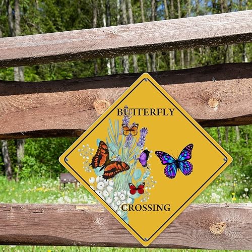 Miniatura 4 de Letrero de metal con diseño de mariposas retro francesas cruzando Xing, letrero de metal con texto en inglés "Beware of Butterfly", letrero de
