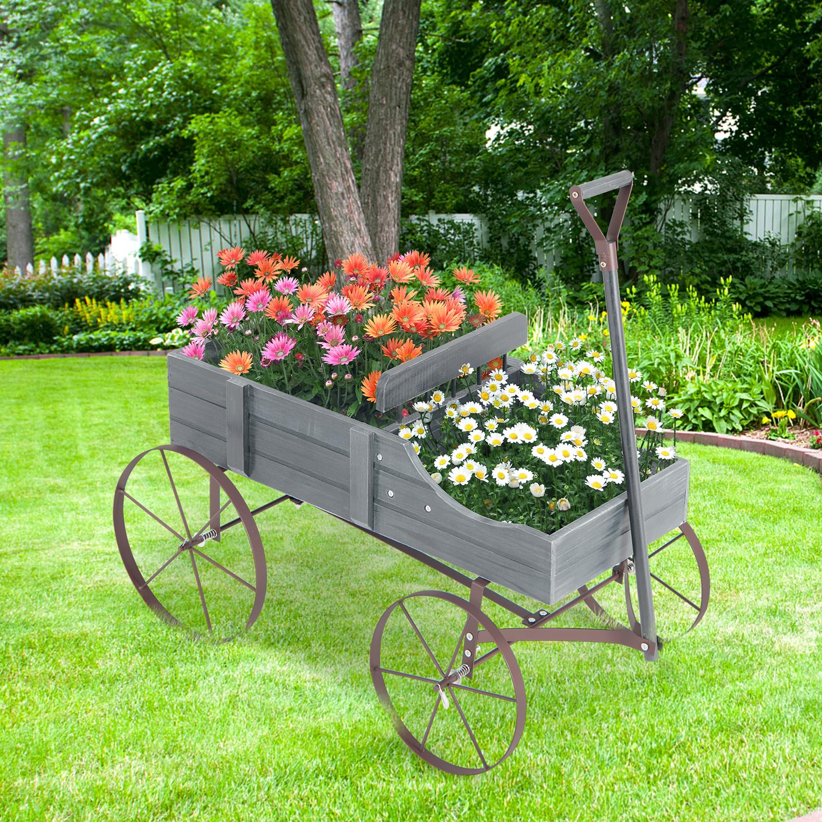 HOMASIS Brouette en Bois pour Plantes, Chariot de Jardin avec Roues en Métal et 2 Compartiments, Jardinière en Forme de Monocycle Décoratif pour Jardin, Terrasse, Patio, 63 x 35 x 62,5 cm (Gris)