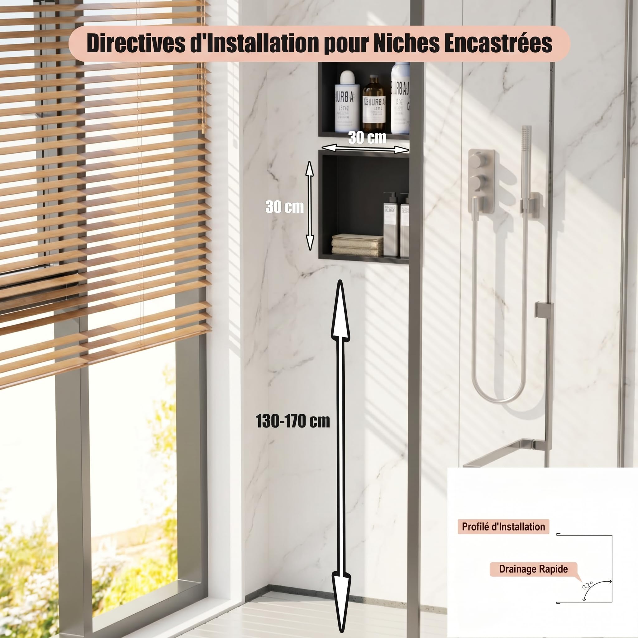 Nicho de Pared empotrable de Acero Inoxidable para Ducha, Estante de Ducha Integrado sin Azulejos, de Acero Inoxidable, Almacenamiento Doble para (Negro Mate, 30 x 30 x 10 cm)