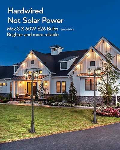 Miniatura 4 de VIANIS Luces de poste para exteriores, farol de iluminación al aire libre, 3 cabezales de bronce aceitado impermeable, postes de luz vintage para