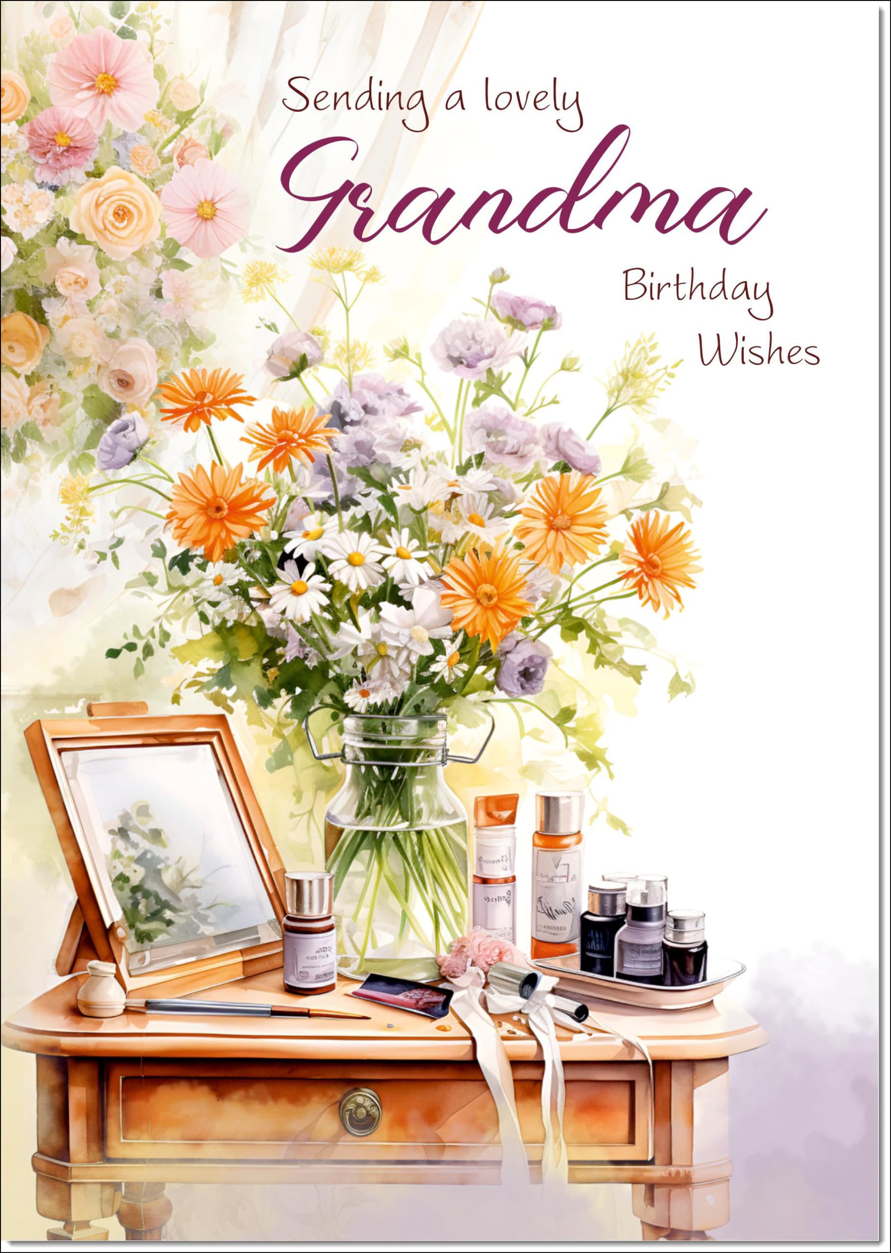doodlecards Grandma Birthday Card Dressing Table Bouquet Large A4 Size with Plain Envelope
