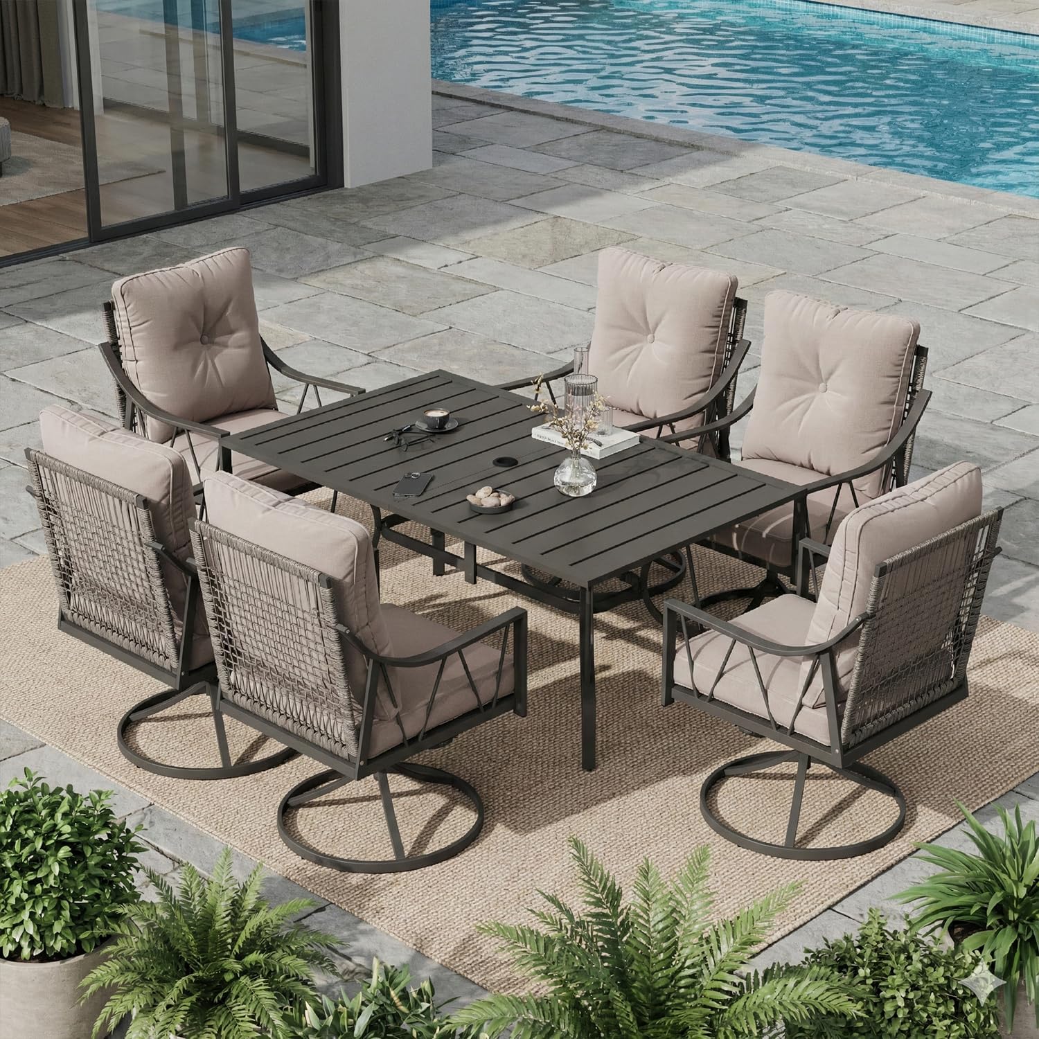 EROMMY 7-Piece Outdoor Patio Dining Set, 6 Wicker Swivel Rocking Chairs with 4" Cushions, Rectangular Table with Adjustable Umbrella Hole for Backyard, Deck, Black