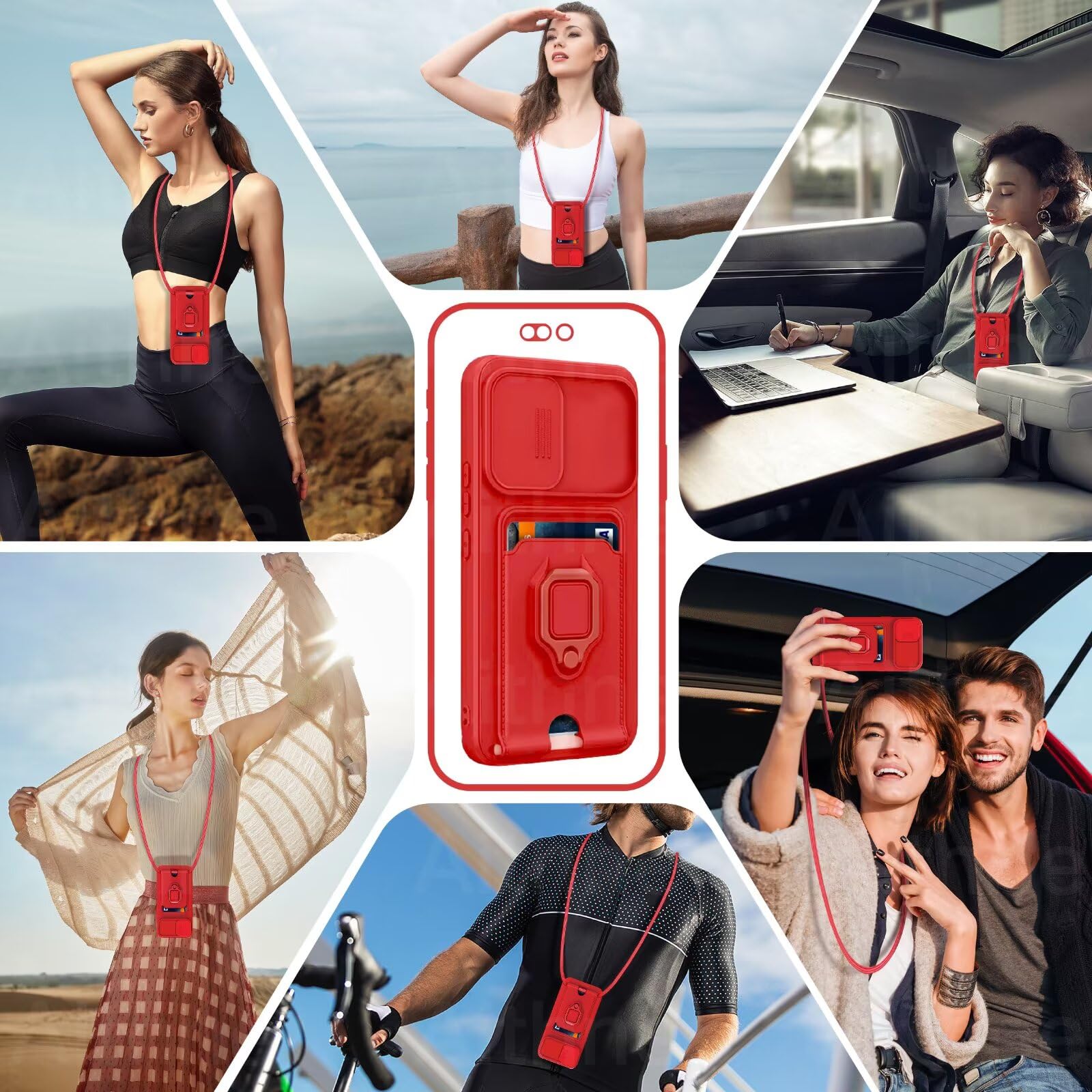Funda con Cuerda para Samsung Galaxy A56 5G Case con Ranura para Tarjetas,360 Anillo función de Soporte Cubierta -Rojo — view 2