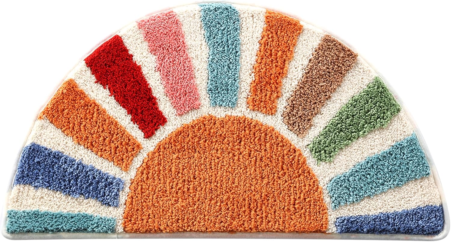 Moutina Boho Bathroom Rugs Cute Half Circle Bath Mat 16x30 Inch, Soft and Absorbent Tufted Bohemian Sun Bath Mat Non Slip Washable, Boho Bathroom Decor Rug Colorful Decorations