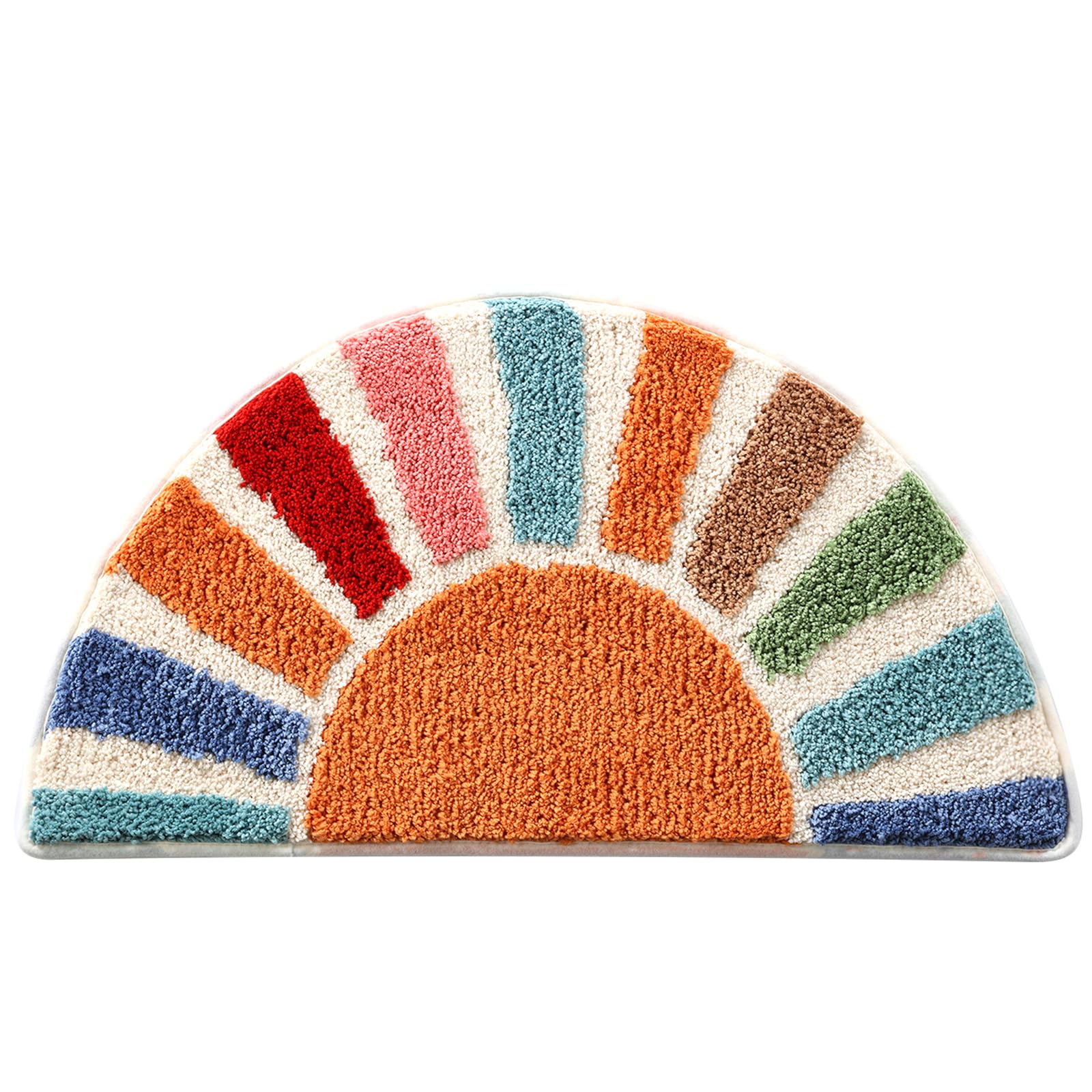 Moutina Boho Bathroom Rugs Cute Half Circle Bath Mat 16x30 Inch, Soft and Absorbent Tufted Bohemian Sun Bath Mat Non Slip Washable, Boho Bathroom