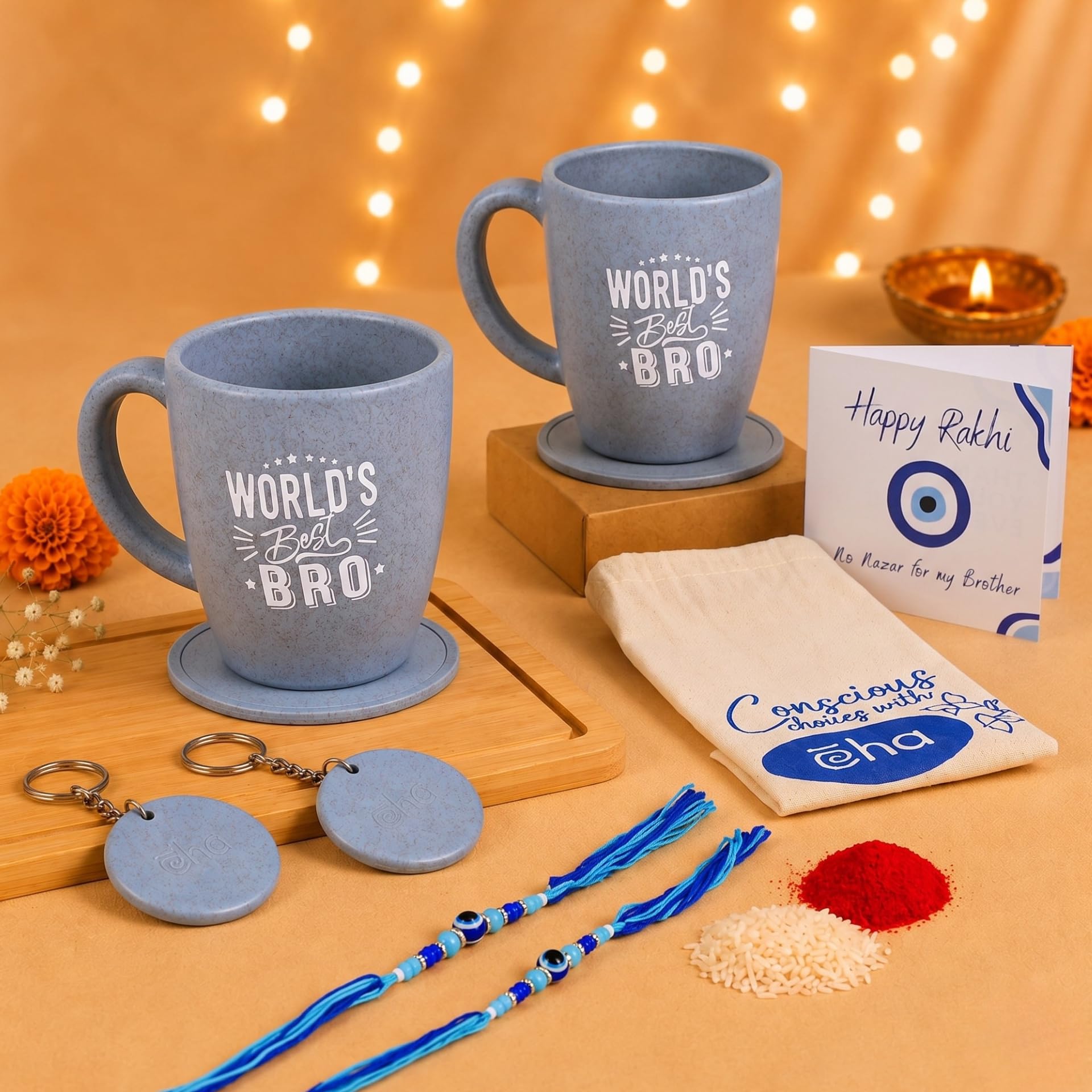Eha Earth Friendly Rakhi Gift for Brother Made with Rice Husk | Set of 2 | Rakhi Set for Brother | Printed Mug & Rakhi Hamper | Gift for Rakshabandhan