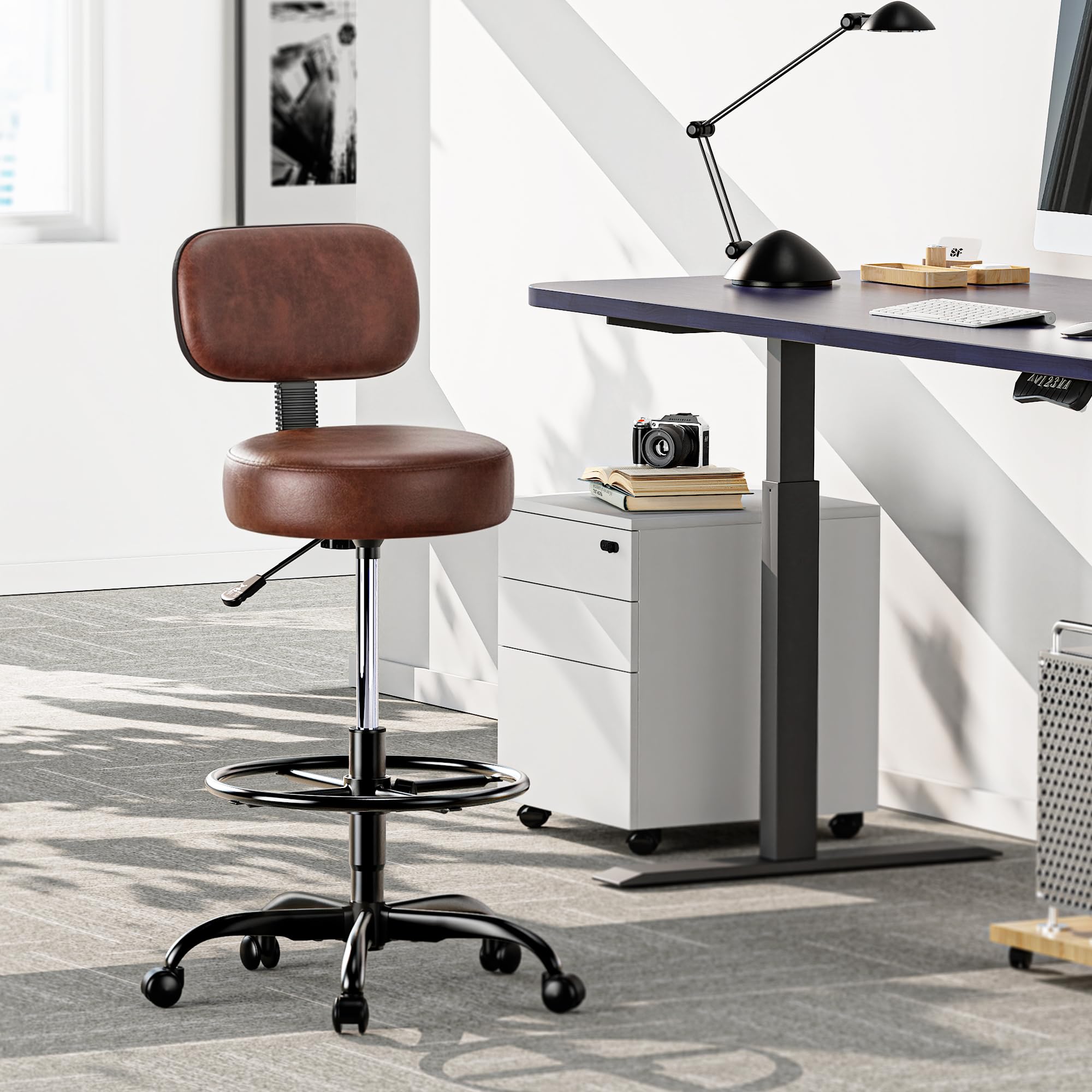 superjare drafting chair with back, adjustable foot rest rolling stool, multi-purpose office desk chair, thick seat cushion for home bar kitchen shop - rustic brown