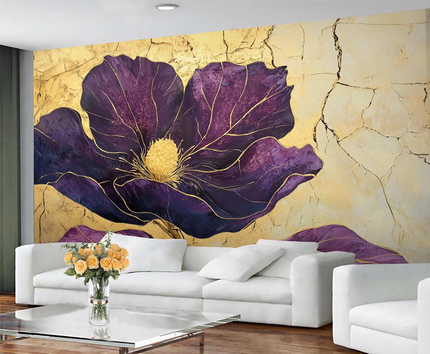 Purple Flowers Custom Wallpaper, Abstract Cracks 3D Wall Murals, Boho Floral Removable Wallpaper Murals for Bedroom Living Room（Not Peel and Stick）